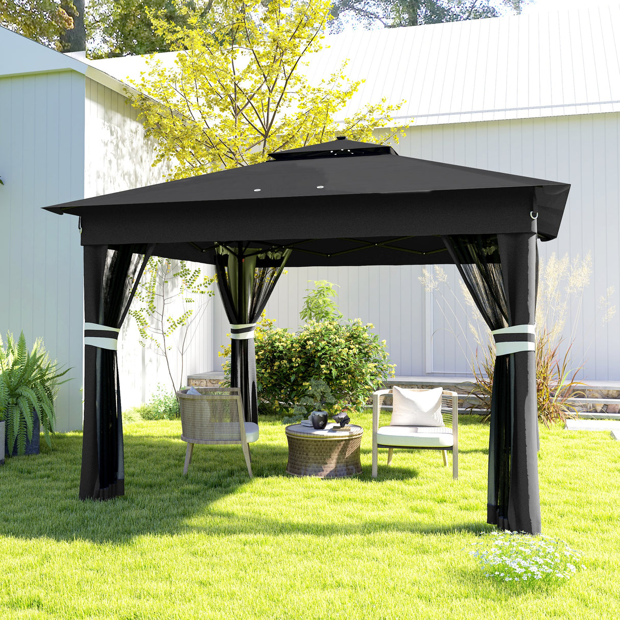 Steel Pop Up Gazebo Party Tent 336cm Width x 336cm Depth With Solar Powered LED Lights - Velmora