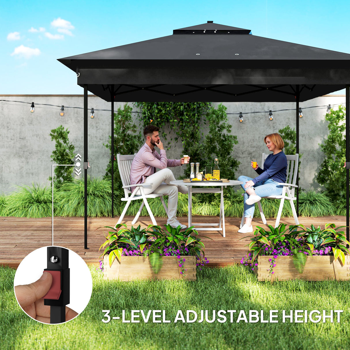 Steel Pop Up Gazebo Party Tent 336cm Width x 336cm Depth With Solar Powered LED Lights - Velmora
