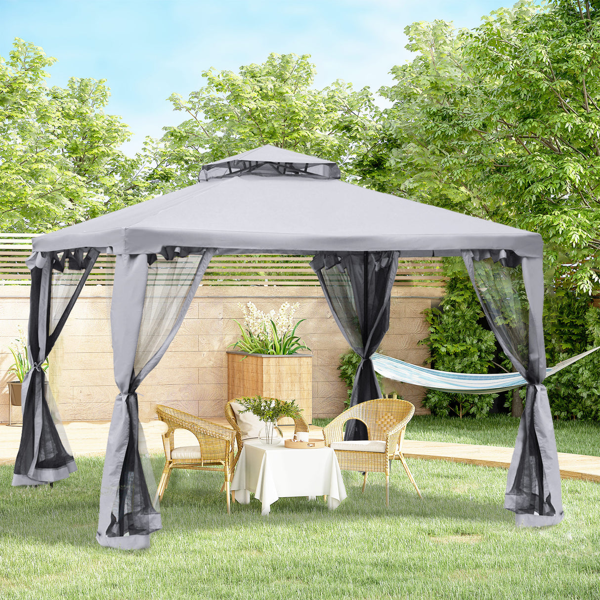 Steel Softtop Gazebo 294cm Width x 294cm Depth With Mosquito Netting - Velmora