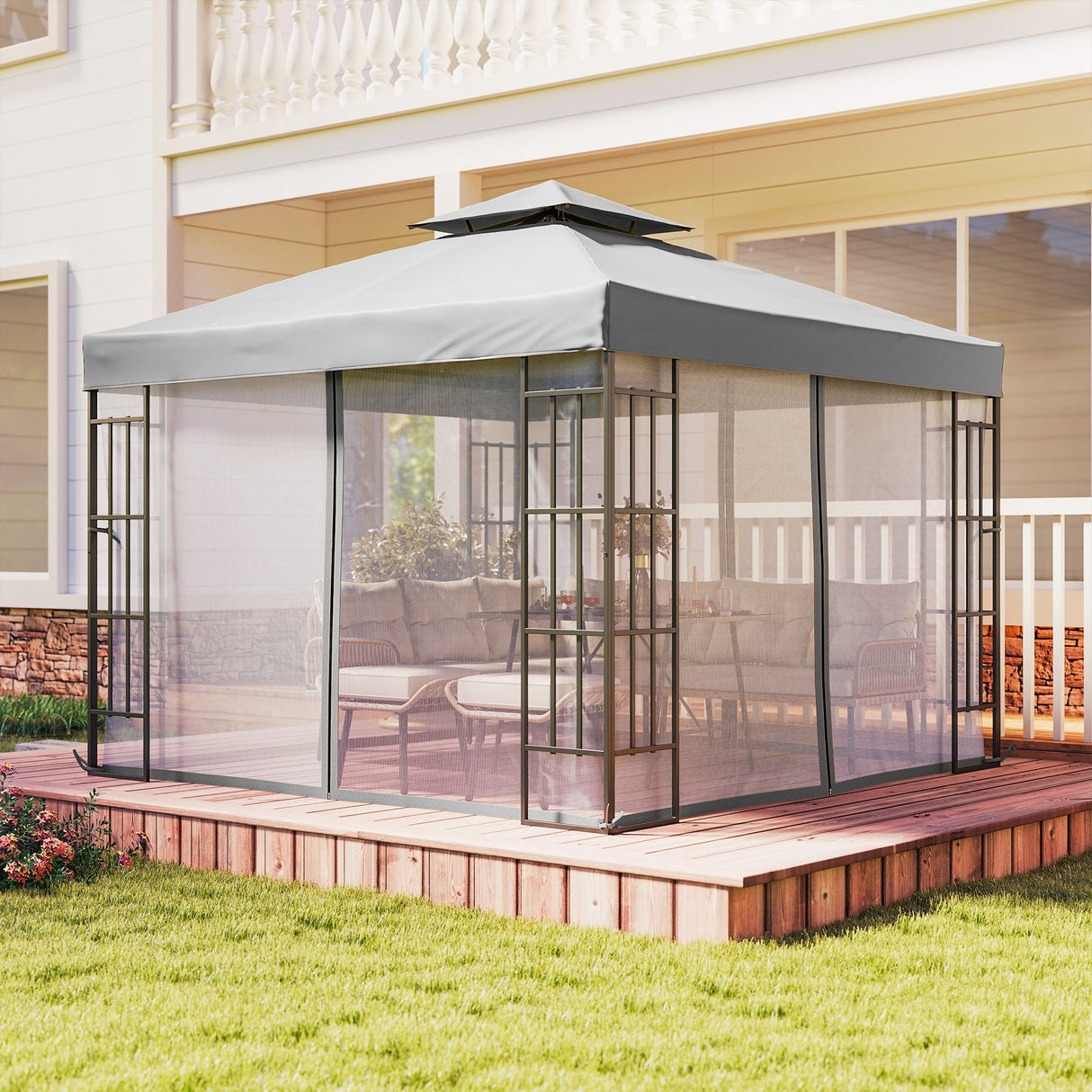 Steel Softtop Gazebo 297cm Width x 297cm Depth With Mosquito Netting - Velmora