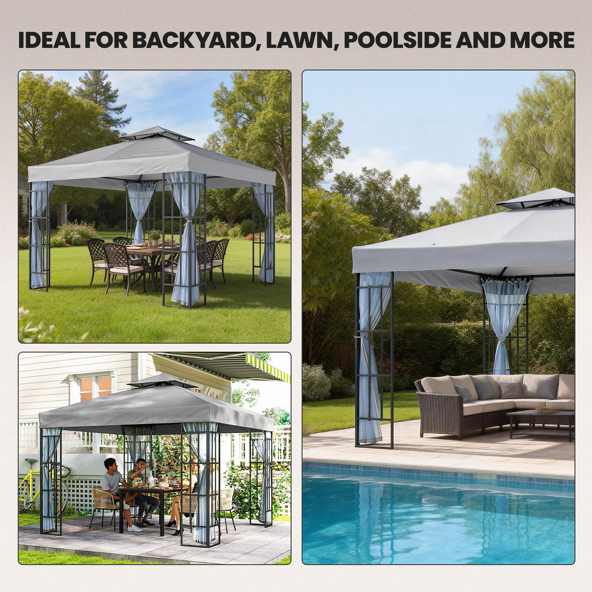 Steel Softtop Gazebo 297cm Width x 297cm Depth With Mosquito Netting - Velmora