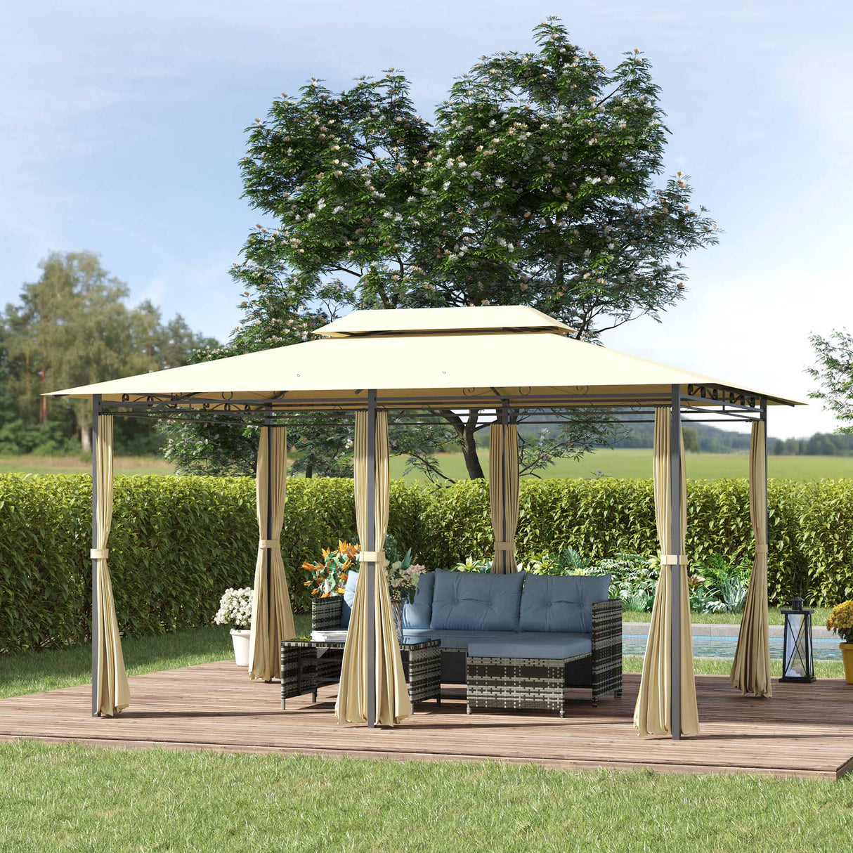 Steel Softtop Gazebo 400cm Width x 300cm Depth With Curtains - Velmora