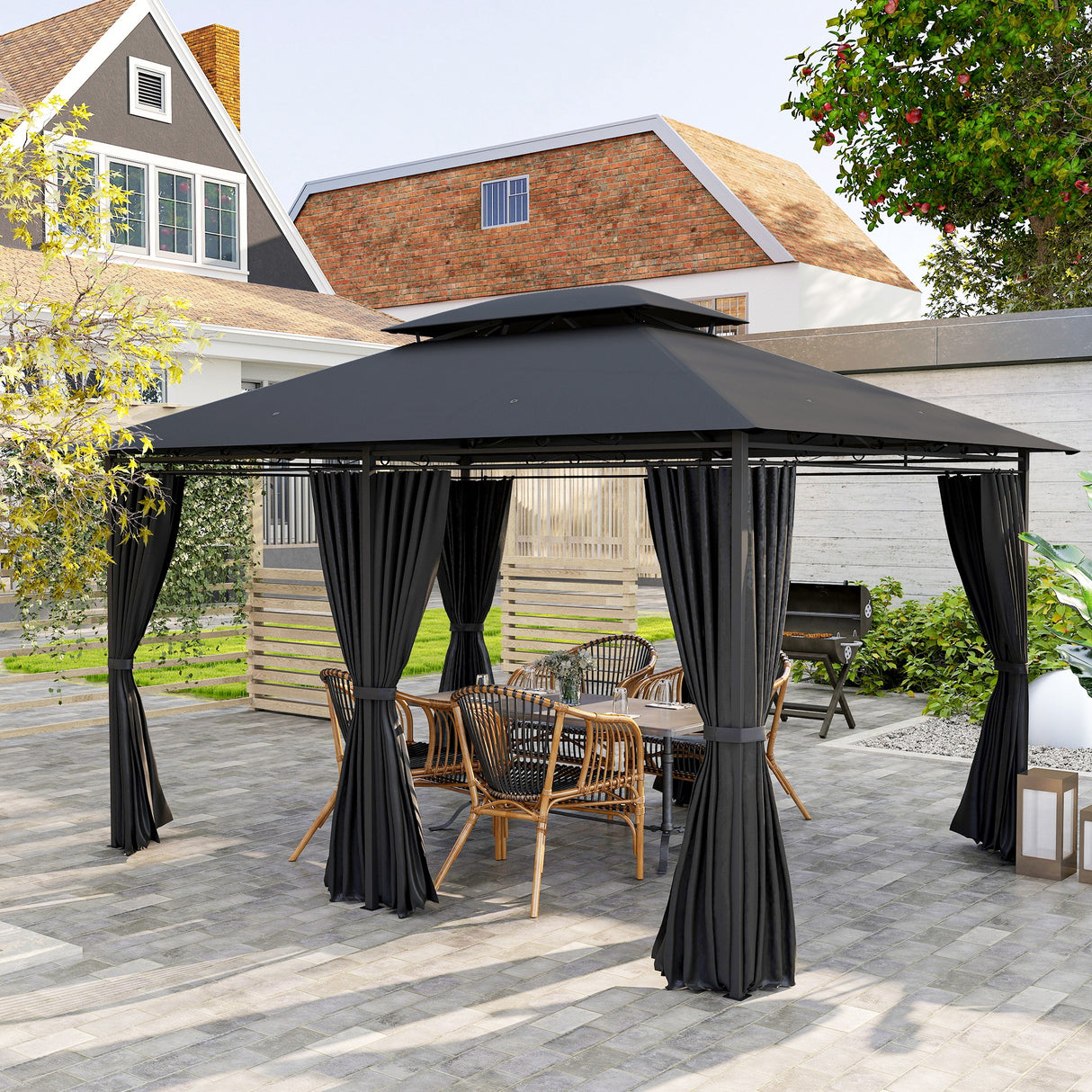 Steel Softtop Gazebo 400cm Width x 300cm Depth With Curtains - Velmora