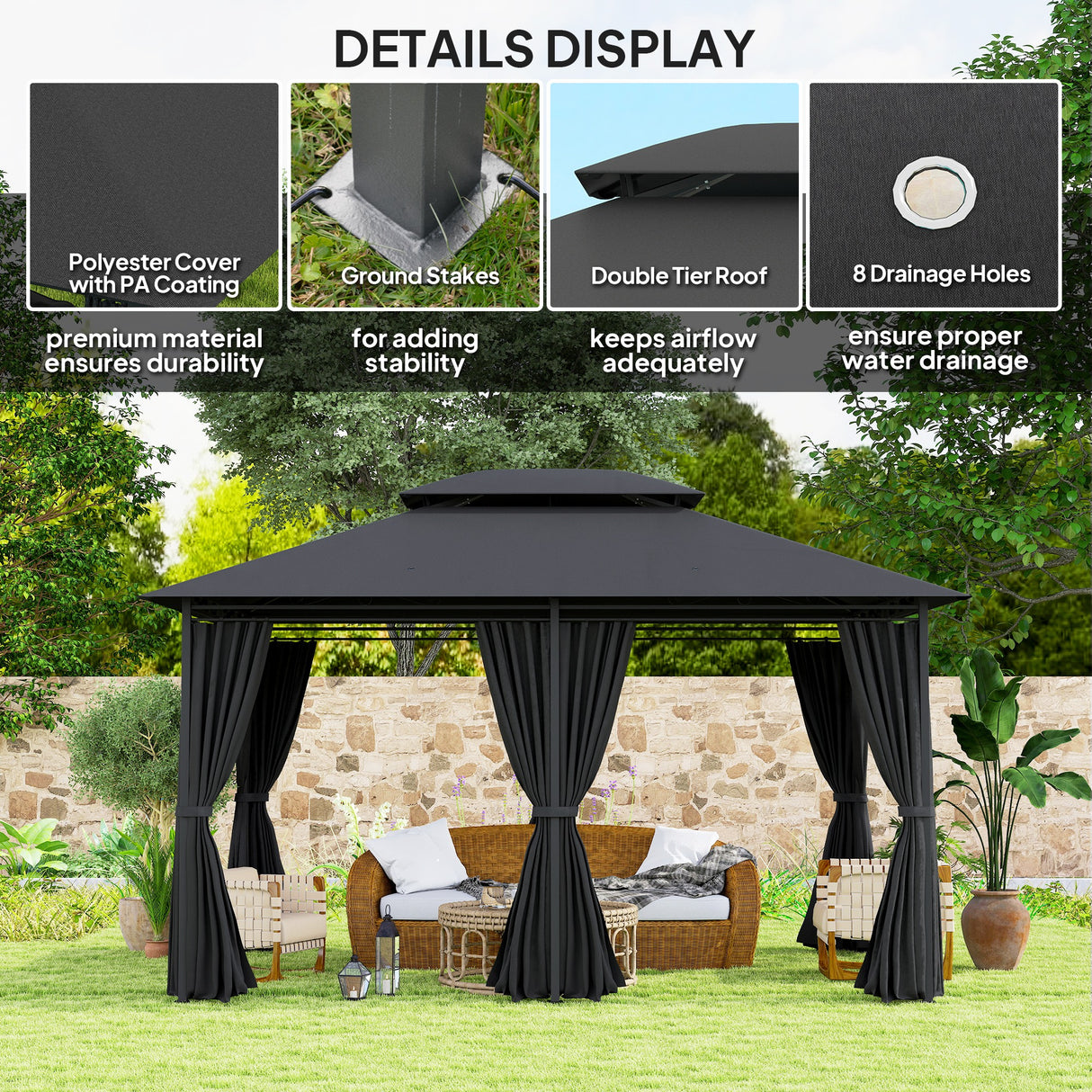 Steel Softtop Gazebo 400cm Width x 300cm Depth With Curtains - Velmora