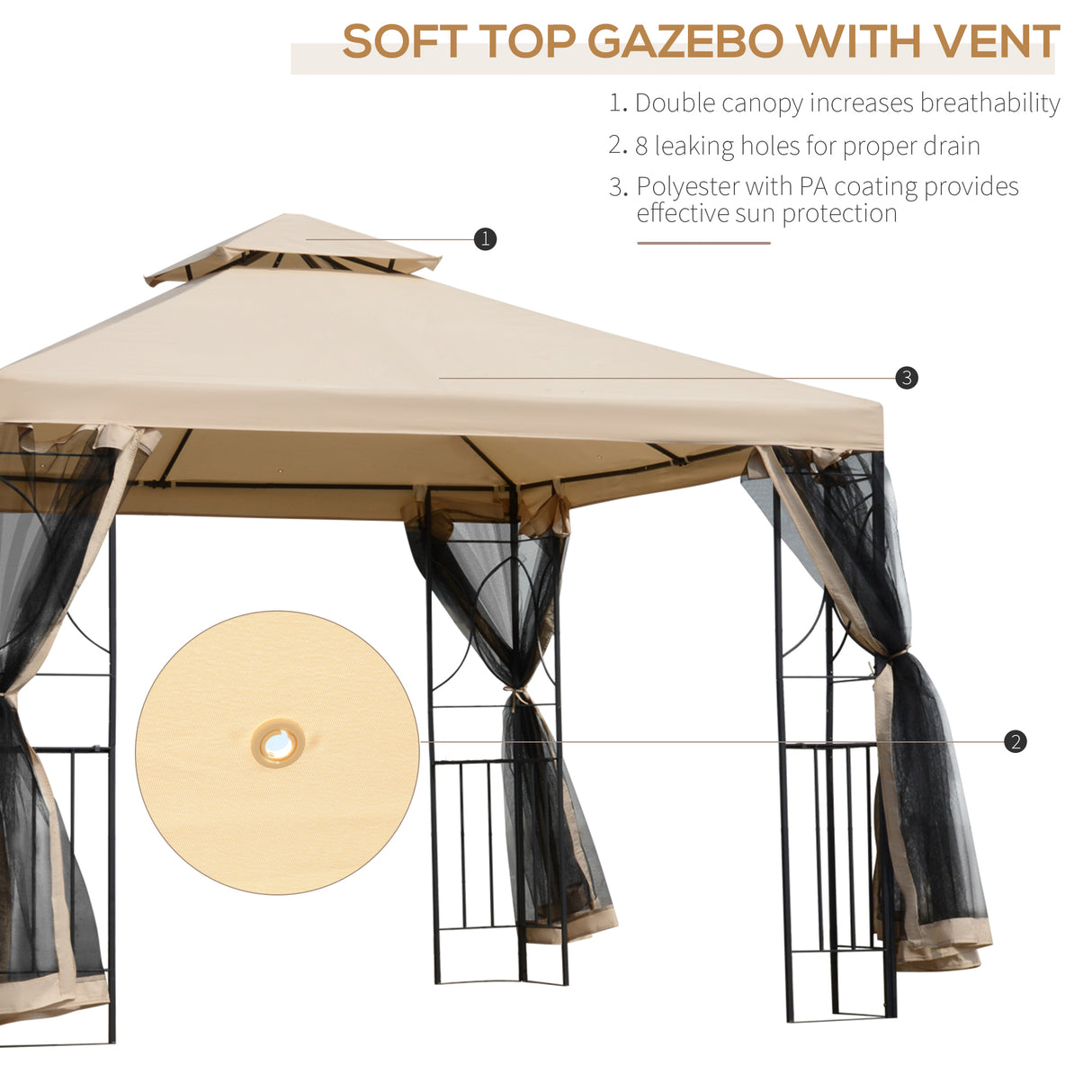 Steel Softtop Gazebo Canopy Shelter 298cm Width x 298cm Depth With Netting - Velmora
