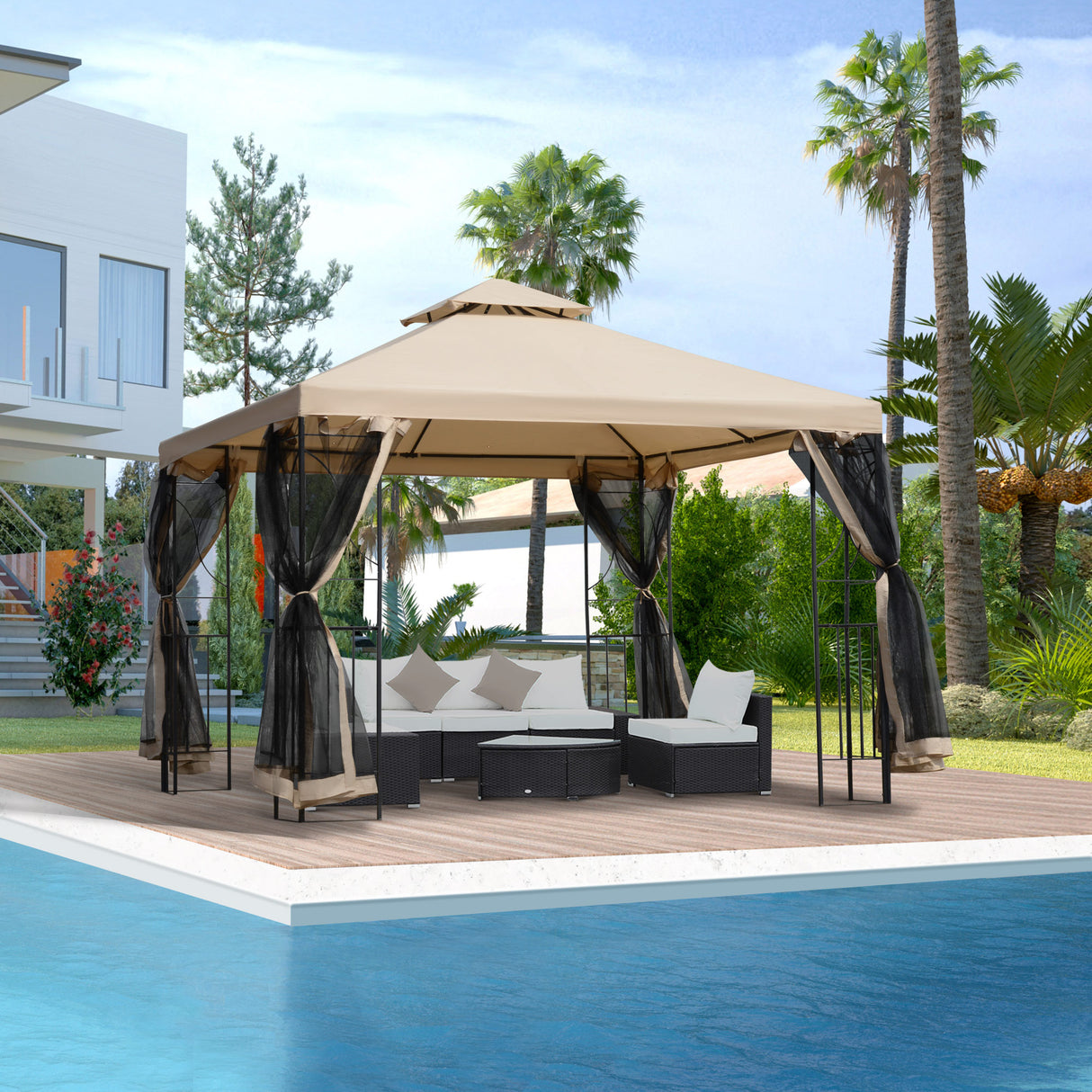 Steel Softtop Gazebo Canopy Shelter 298cm Width x 298cm Depth With Netting - Velmora