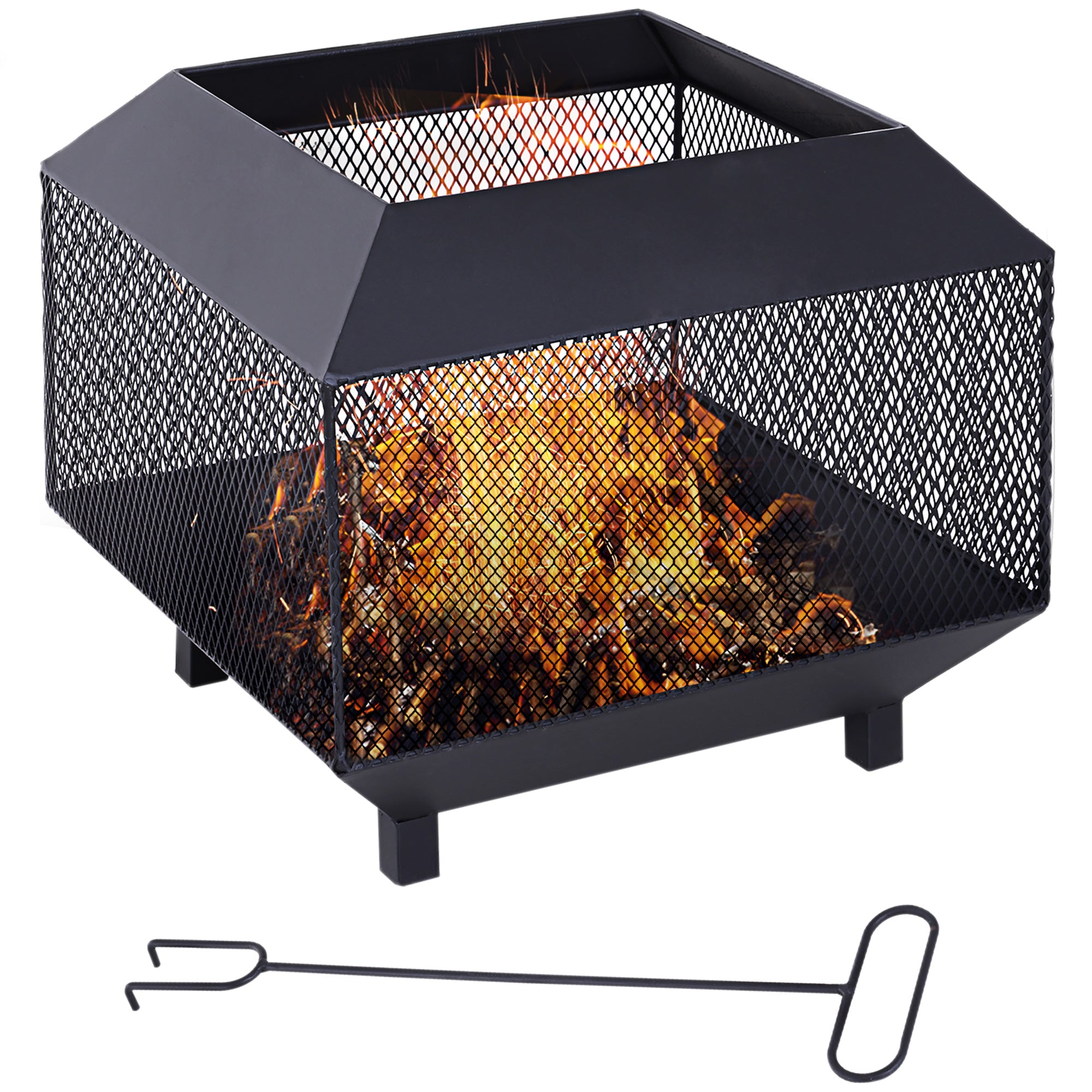 Steel Square Mesh Fire Pit Brazier With Lid And Log Grate for Backyard - Velmora