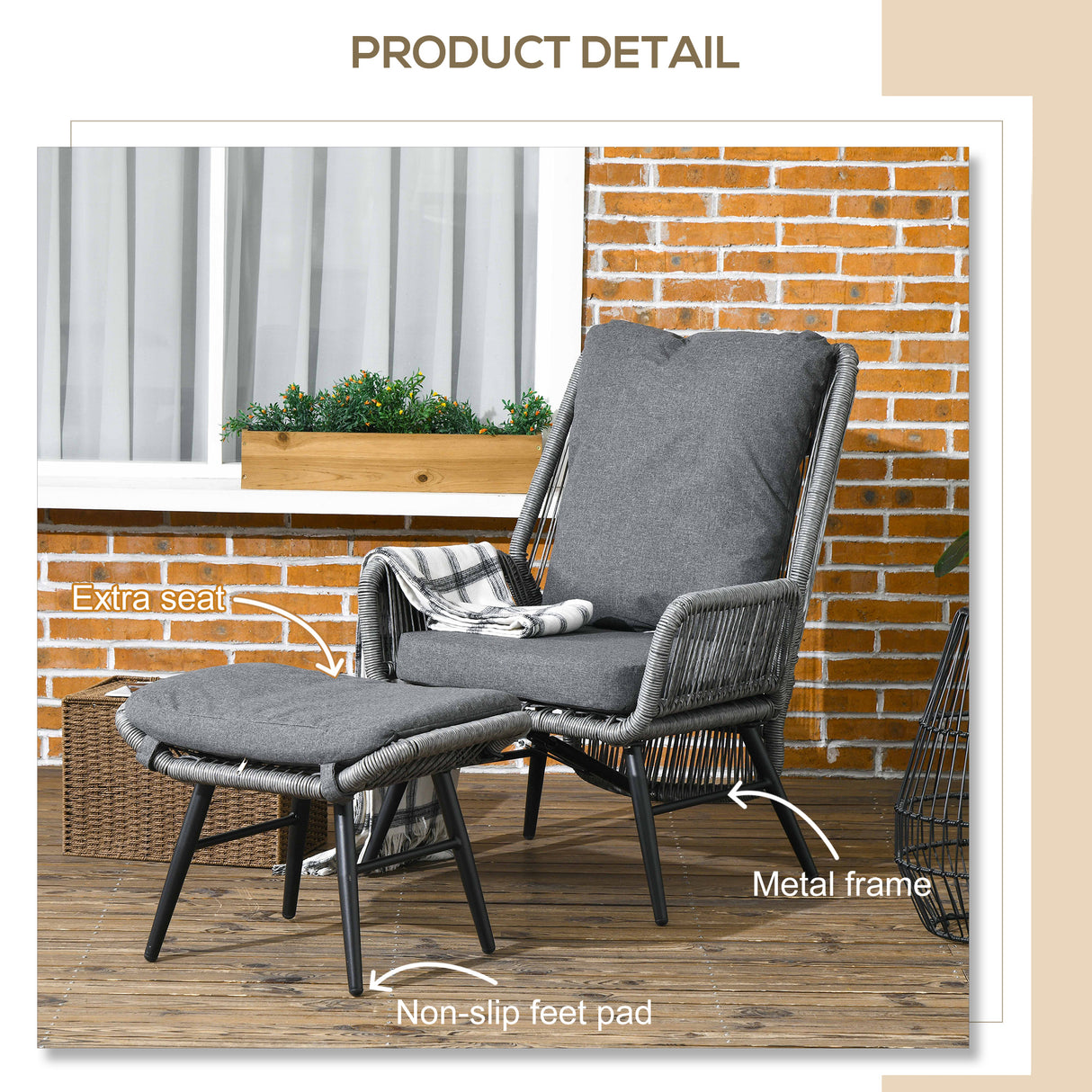 Steel String Rattan Garden Armchair and Footstool With Cushions - Velmora