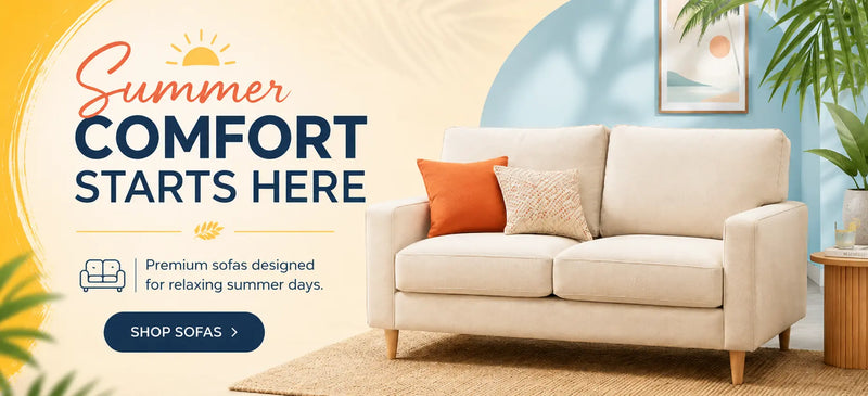 Shop summer sofas collection featuring comfortable fabric sofas and stylish living room furniture.