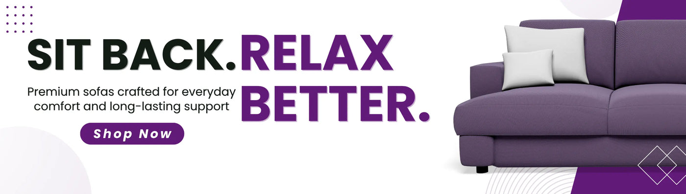 Promotional banner featuring a modern purple sofa with cushions, highlighting premium sofas designed for comfort, relaxation and everyday living.