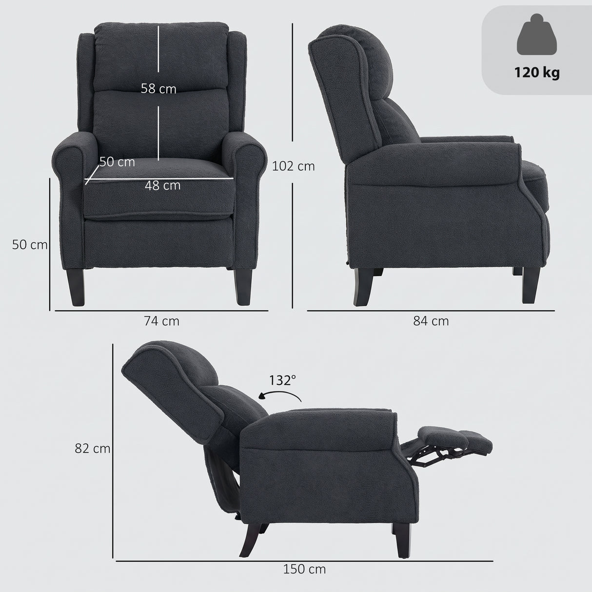 Teddy Fleece Fabric Recliner 74cm Wide With Footrest - Velmora