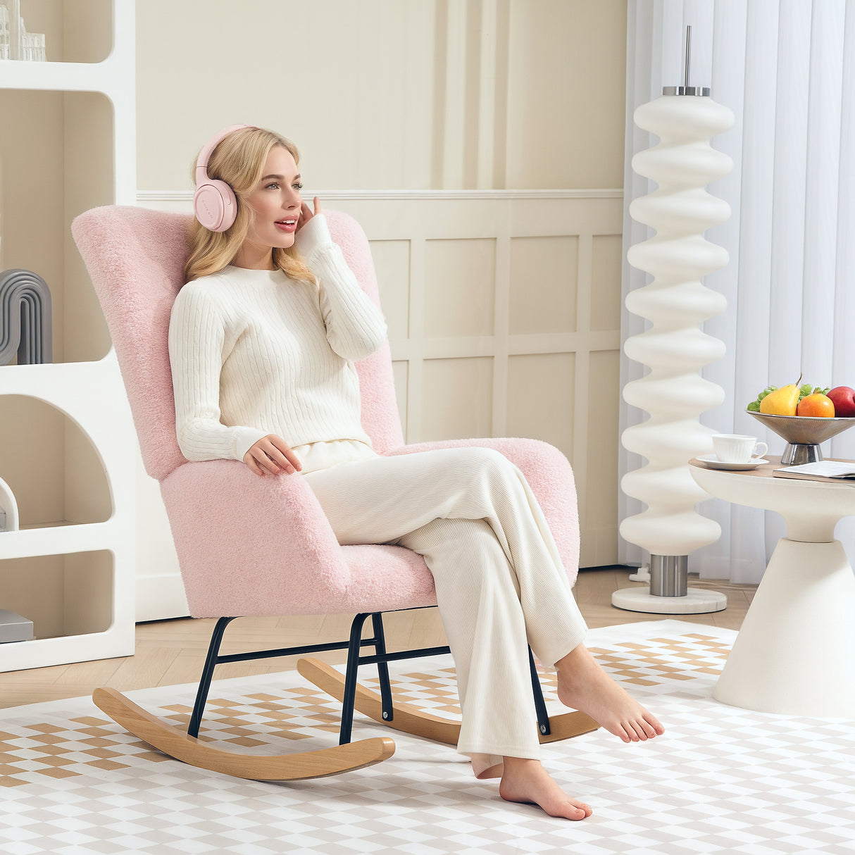 Teddy Fleece Fabric Rocking Chair 70cm Wide - Velmora