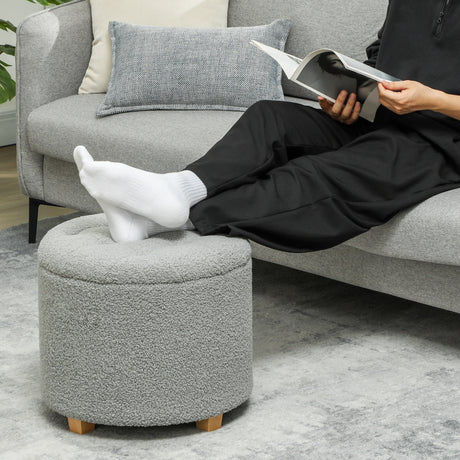 Teddy Fleece Fabric Storage Ottoman 45cm Wide Round - Velmora