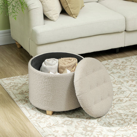 Teddy Fleece Fabric Storage Ottoman 45cm Wide Round - Velmora