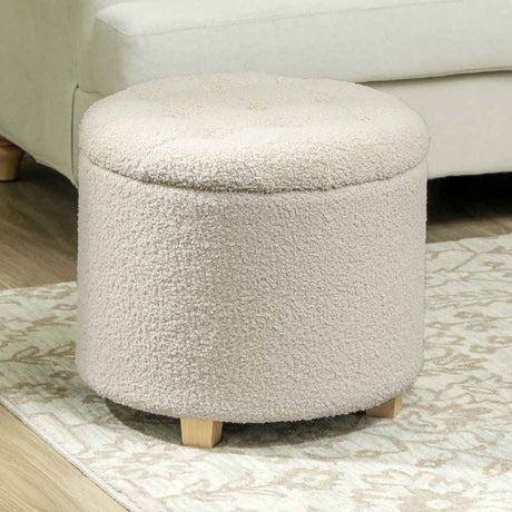 Teddy Fleece Fabric Storage Ottoman 45cm Wide Round - Velmora