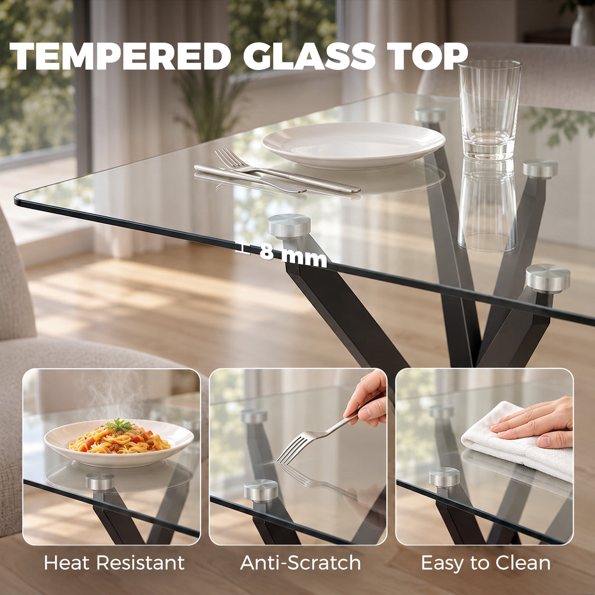 Tempered Glass Dining Table 120cm Wide for 6 People - Velmora