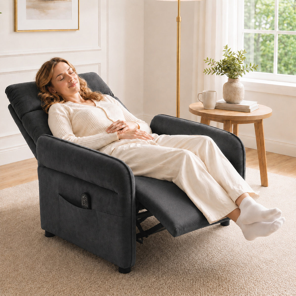 Terry Cloth Fabric Recliner Armchair 74cm Wide With Footrest - Velmora