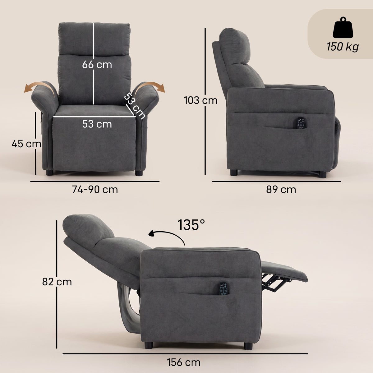 Terry Cloth Fabric Recliner Armchair 74cm Wide With Footrest - Velmora