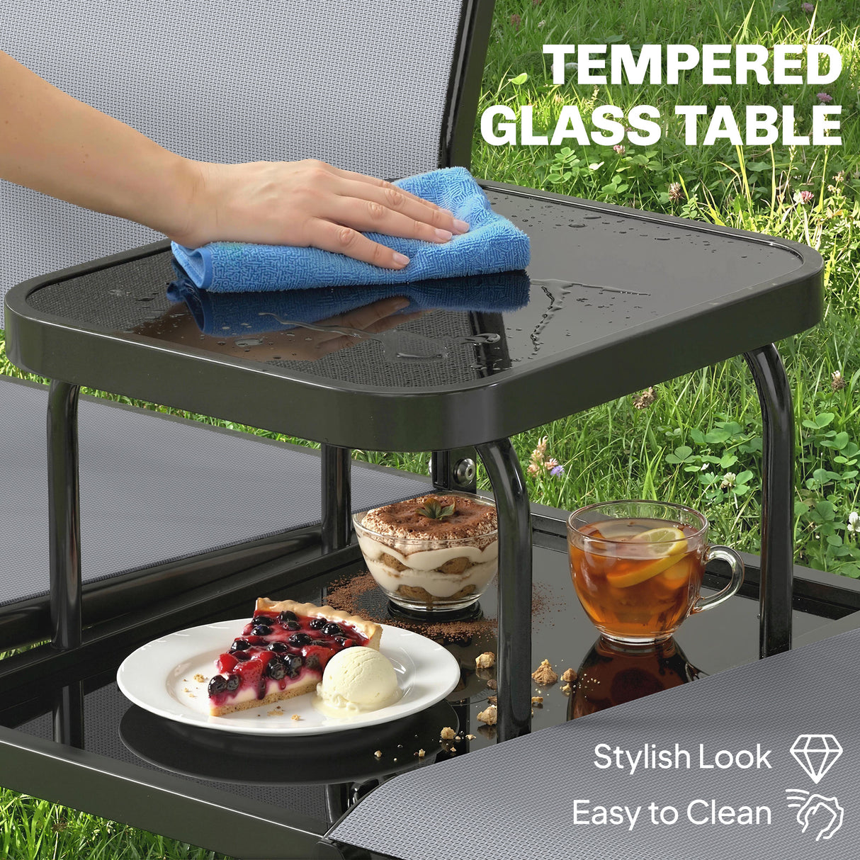 Texteline Mesh Fabric 2 Seater Garden Bench With 2-Tier Glass Table - Velmora