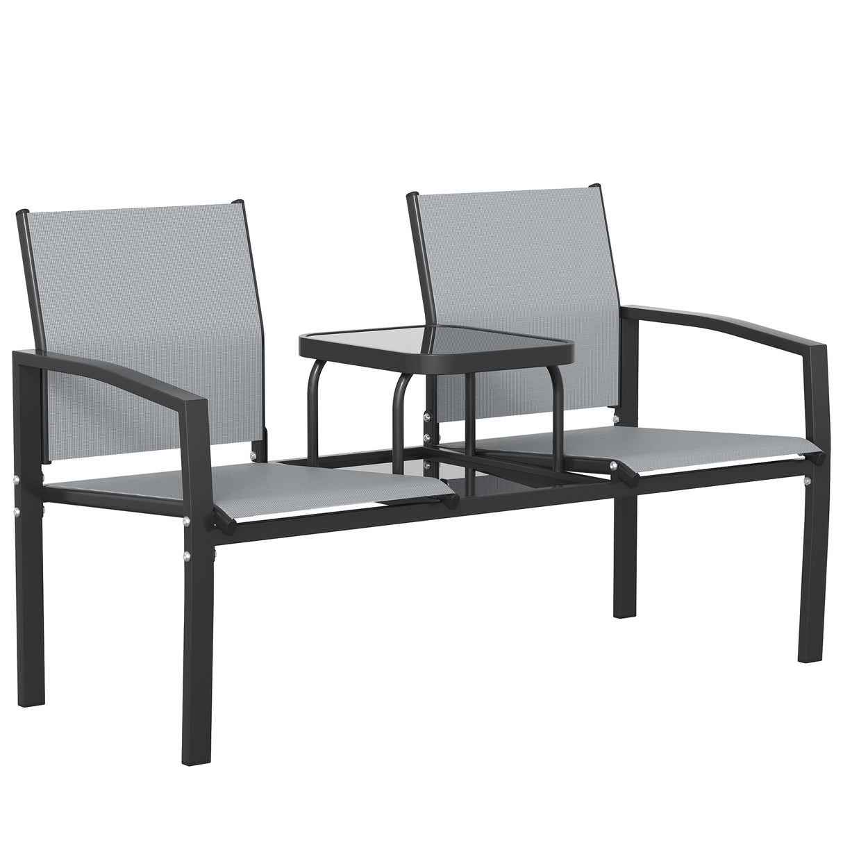 Texteline Mesh Fabric 2 Seater Garden Bench With 2-Tier Glass Table - Velmora