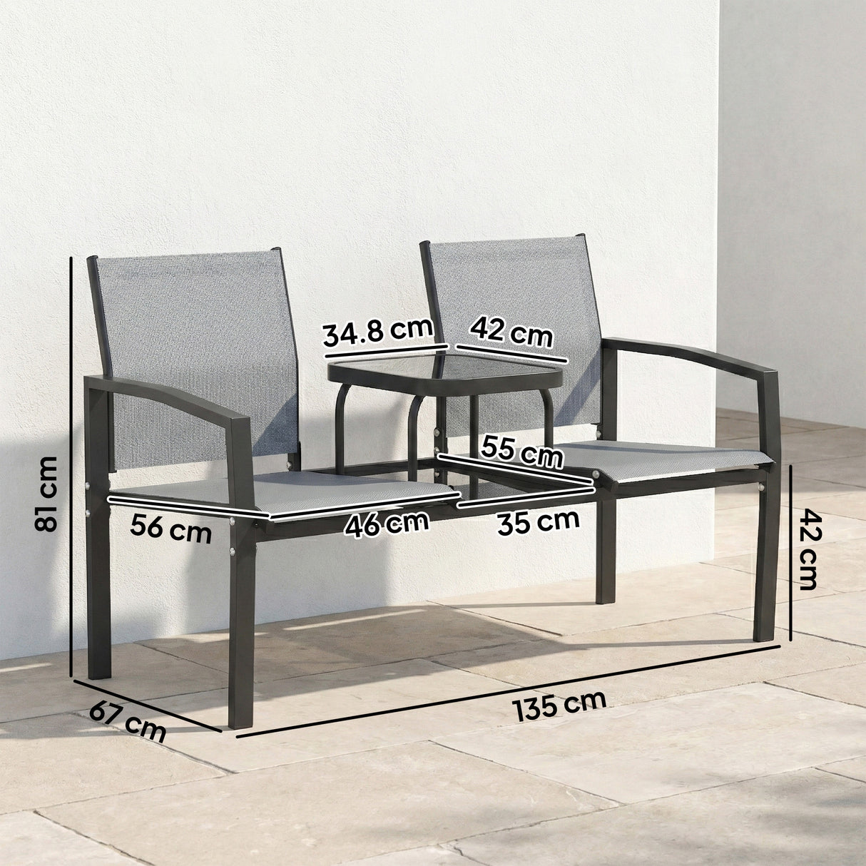 Texteline Mesh Fabric 2 Seater Garden Bench With 2-Tier Glass Table - Velmora
