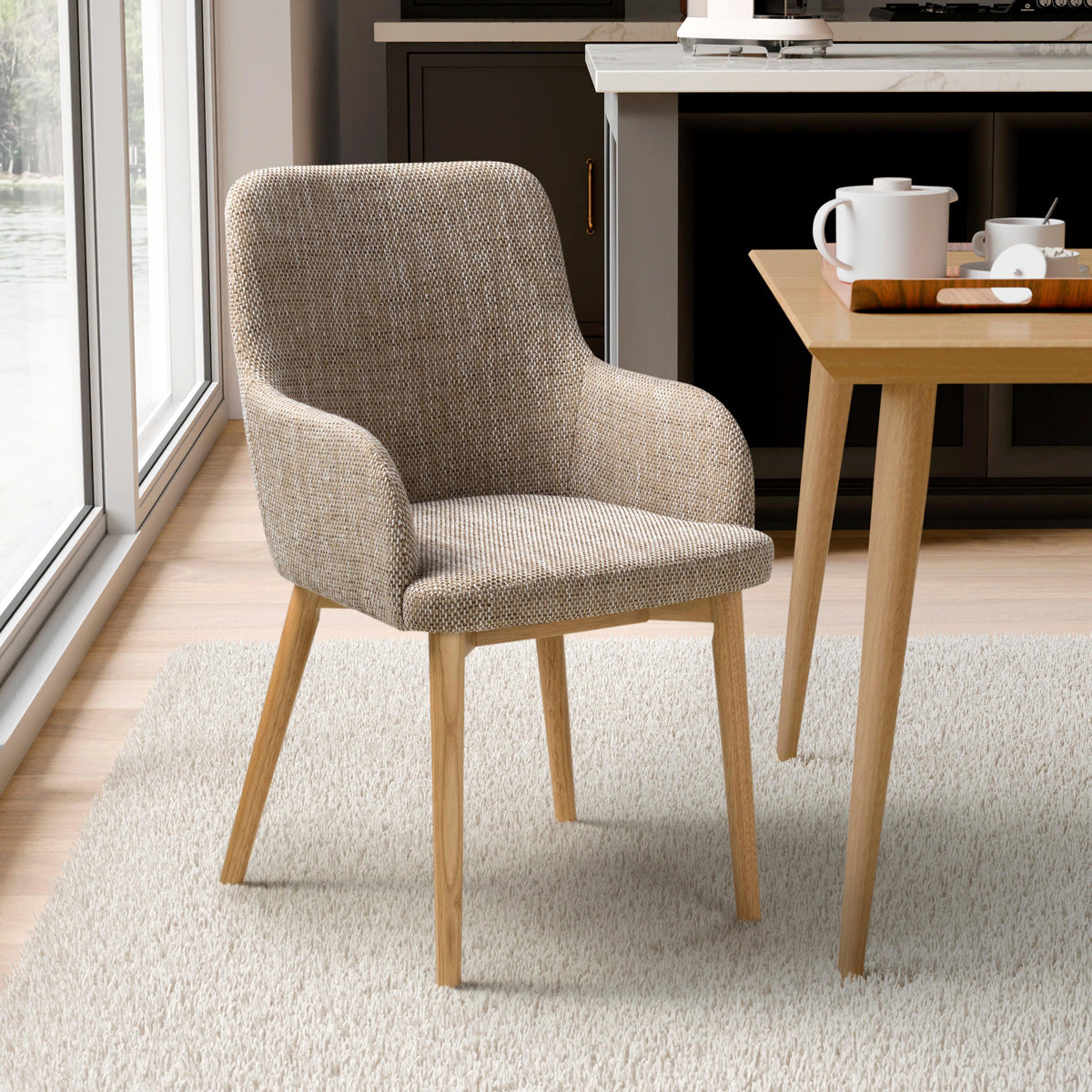 Tweed Fabric Dining Chairs in Set Of 2 With Natural Rubberwood Legs - Sidcup