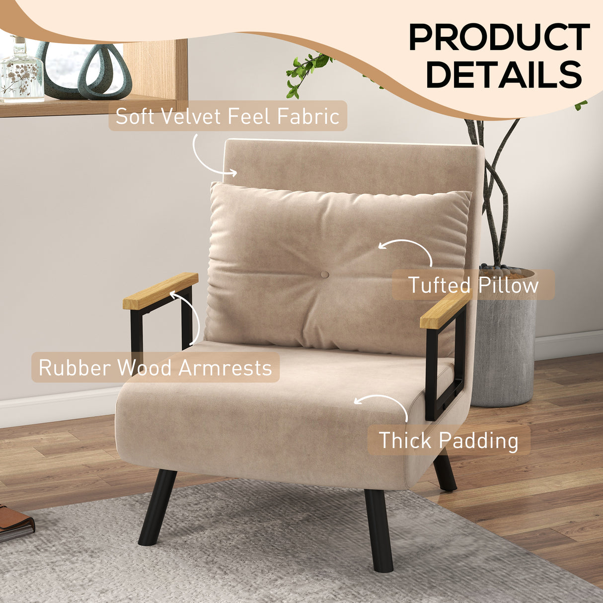 Velvet 1 Seater Sofa Bed 63cm Wide With 1 Pillow - Velmora