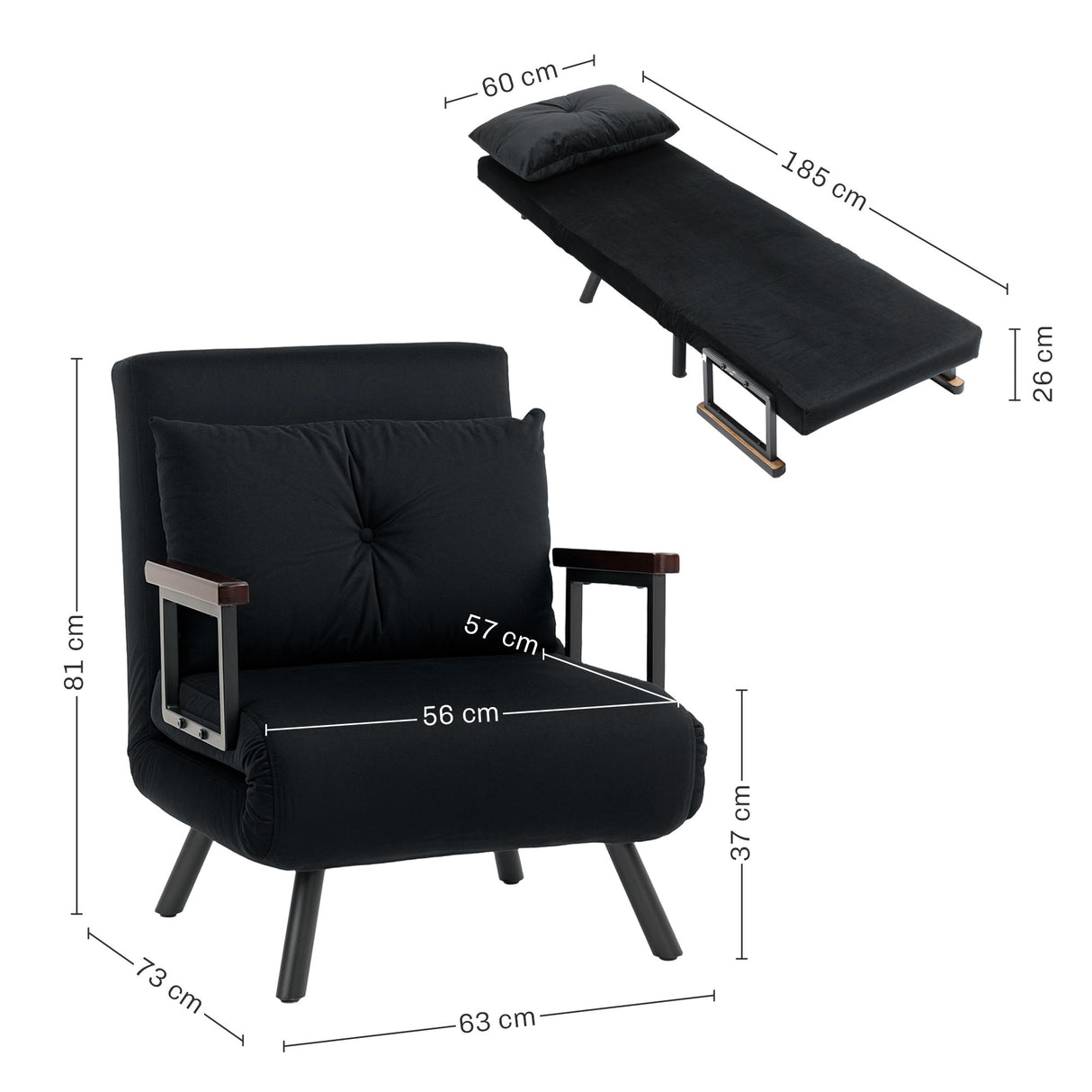 Velvet 1 Seater Sofa Bed 63cm Wide With 1 Pillow - Velmora