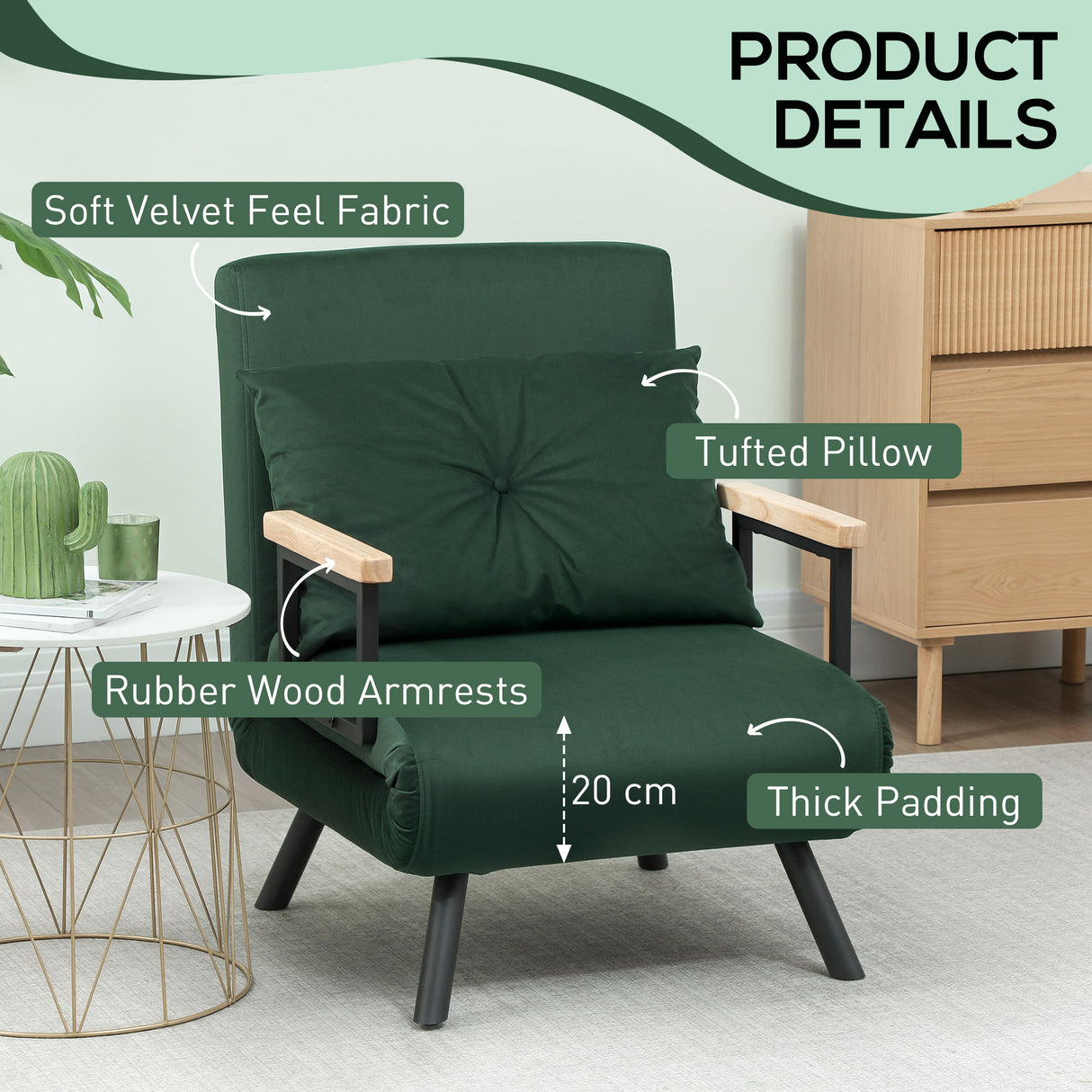 Velvet 1 Seater Sofa Bed 63cm Wide With 1 Pillow - Velmora