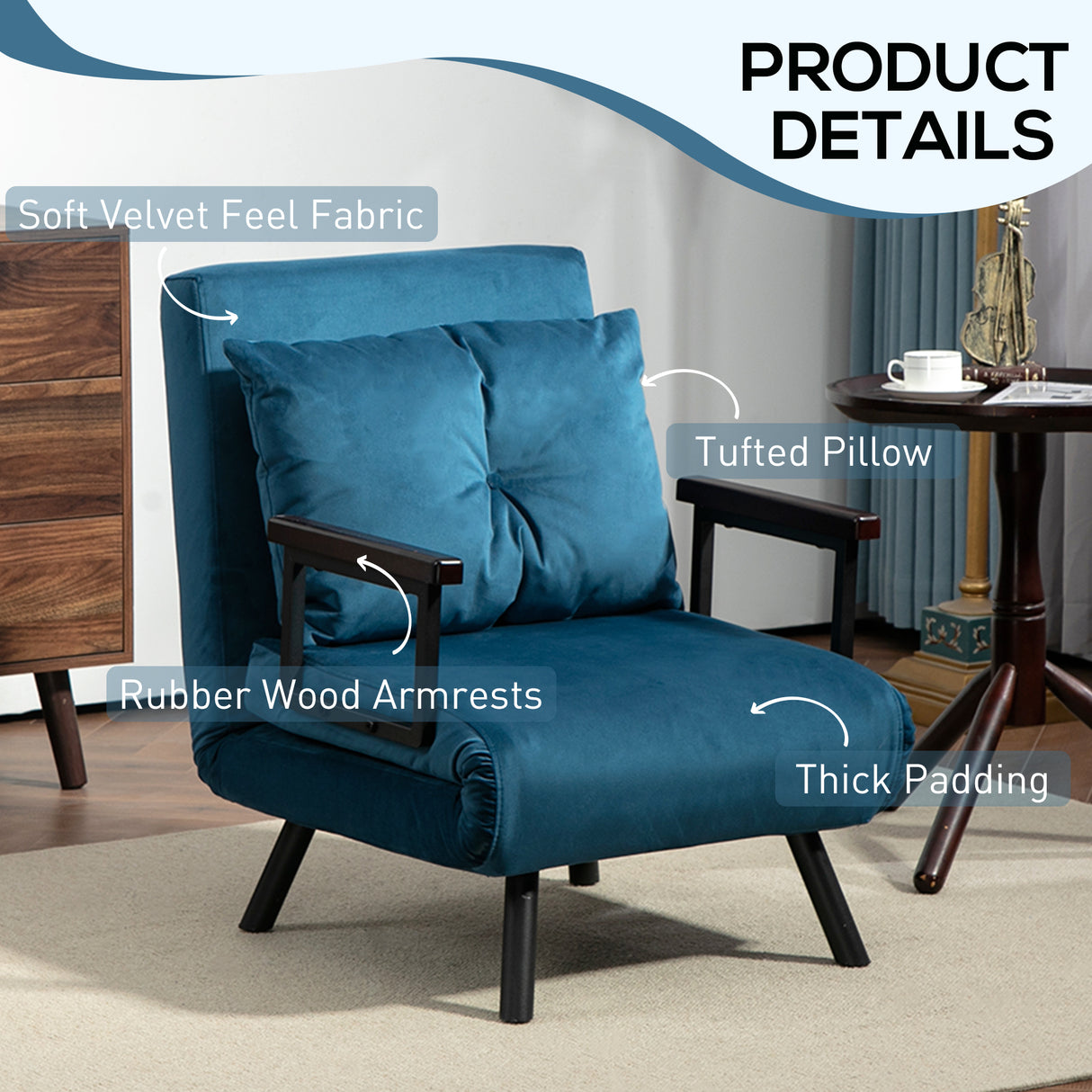 Velvet 1 Seater Sofa Bed 63cm Wide With 1 Pillow - Velmora