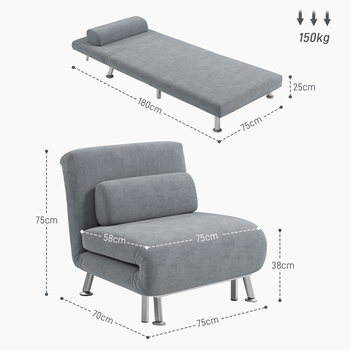 Velvet 1 Seater Sofa Bed 75cm Wide With 1 Pillow - Velmora