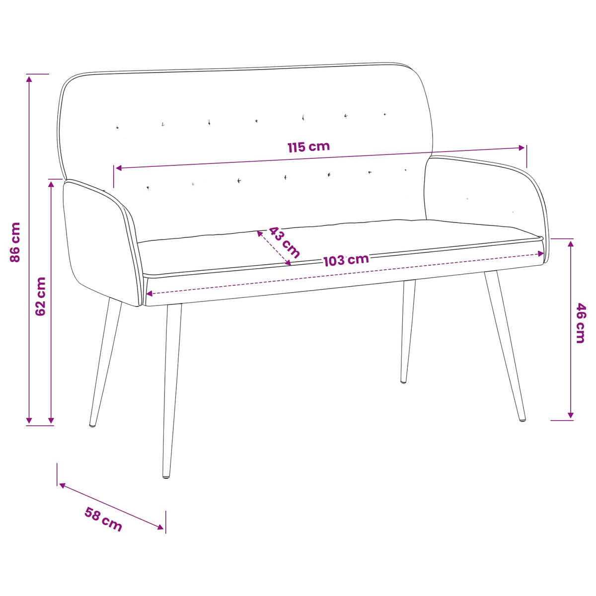 Velvet 2 Seater Sofa 115cm Wide - Vantage Home