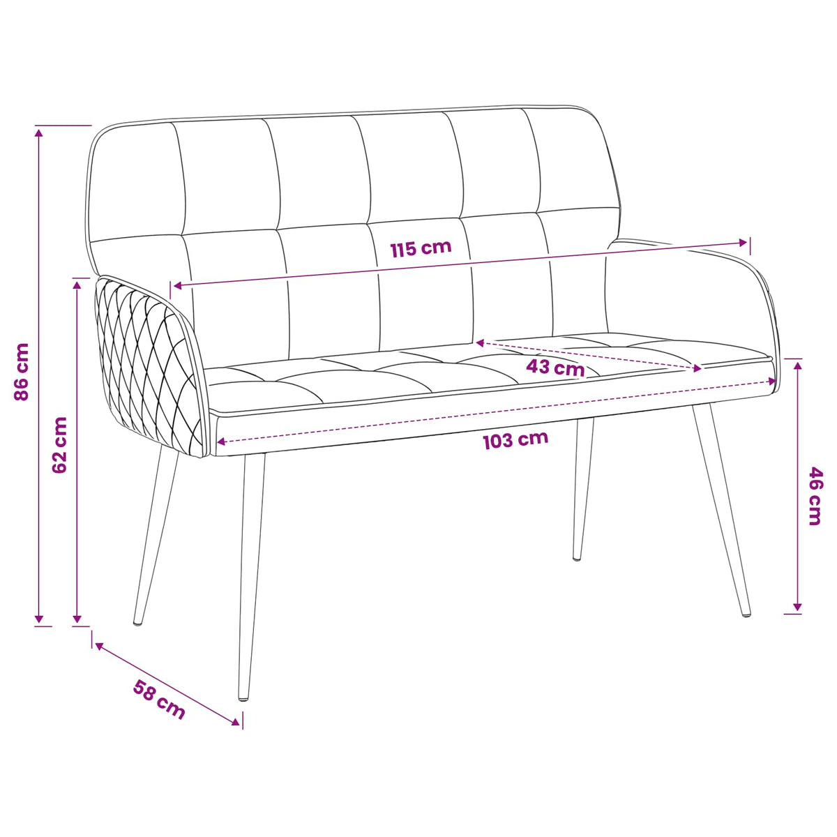 Velvet 2 Seater Sofa 115cm Wide With Metal Legs - Vantage Home
