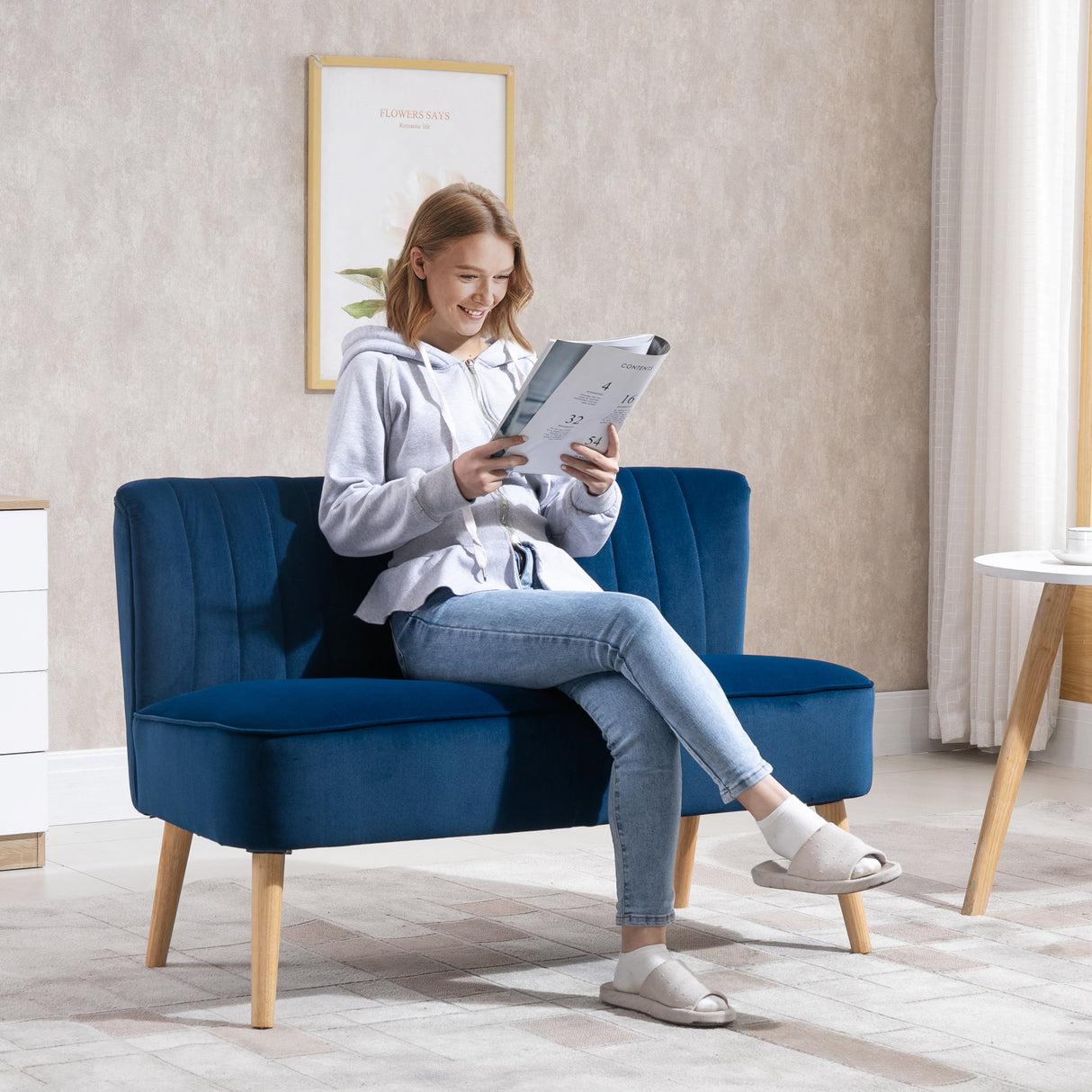 Velvet 2 Seater Sofa 117cm Wide With Wooden Legs - Velmora