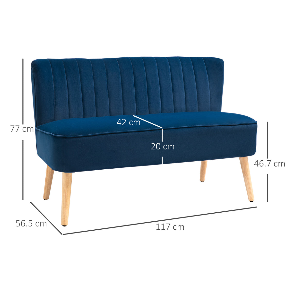 Velvet 2 Seater Sofa 117cm Wide With Wooden Legs - Velmora
