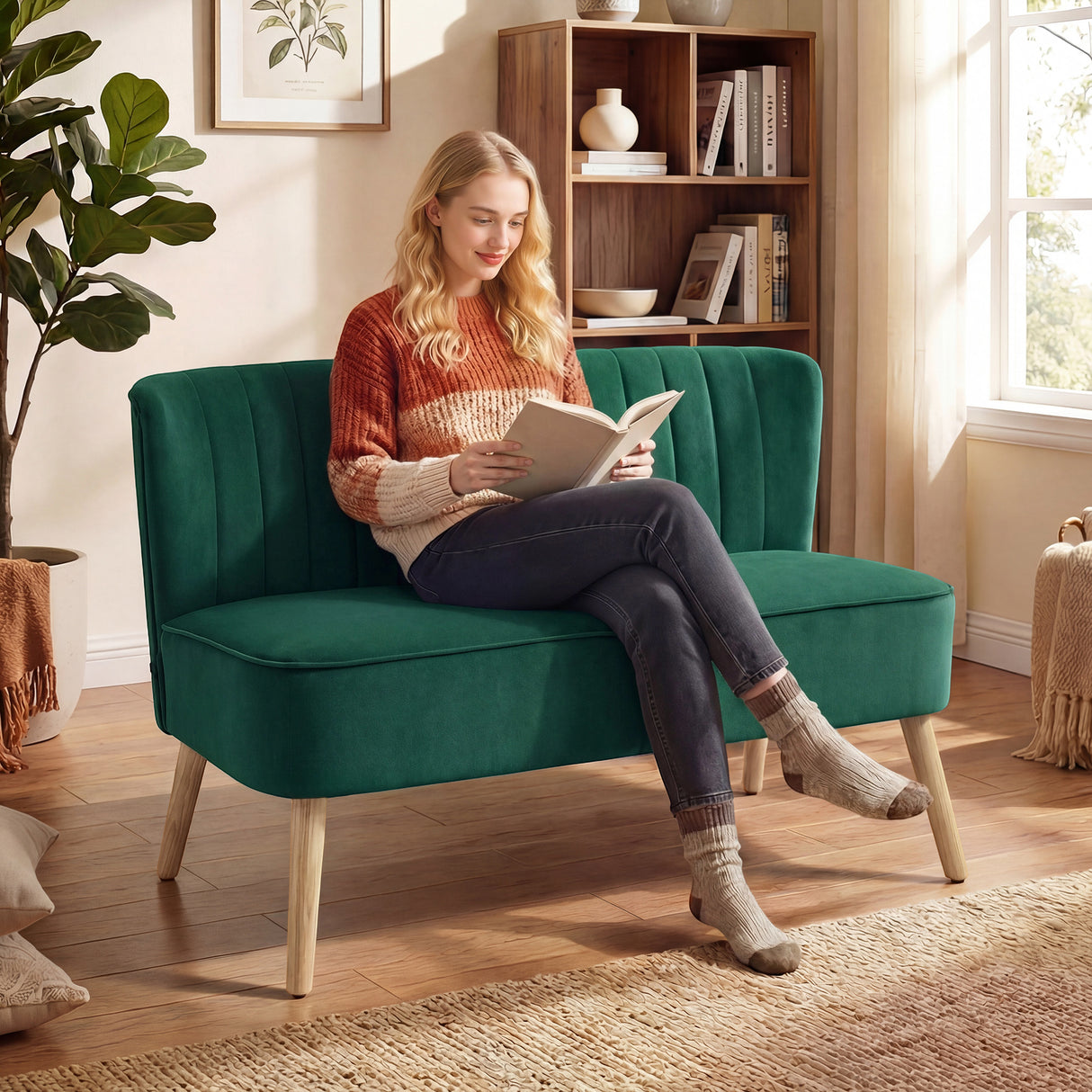 Velvet 2 Seater Sofa 117cm Wide With Wooden Legs - Velmora
