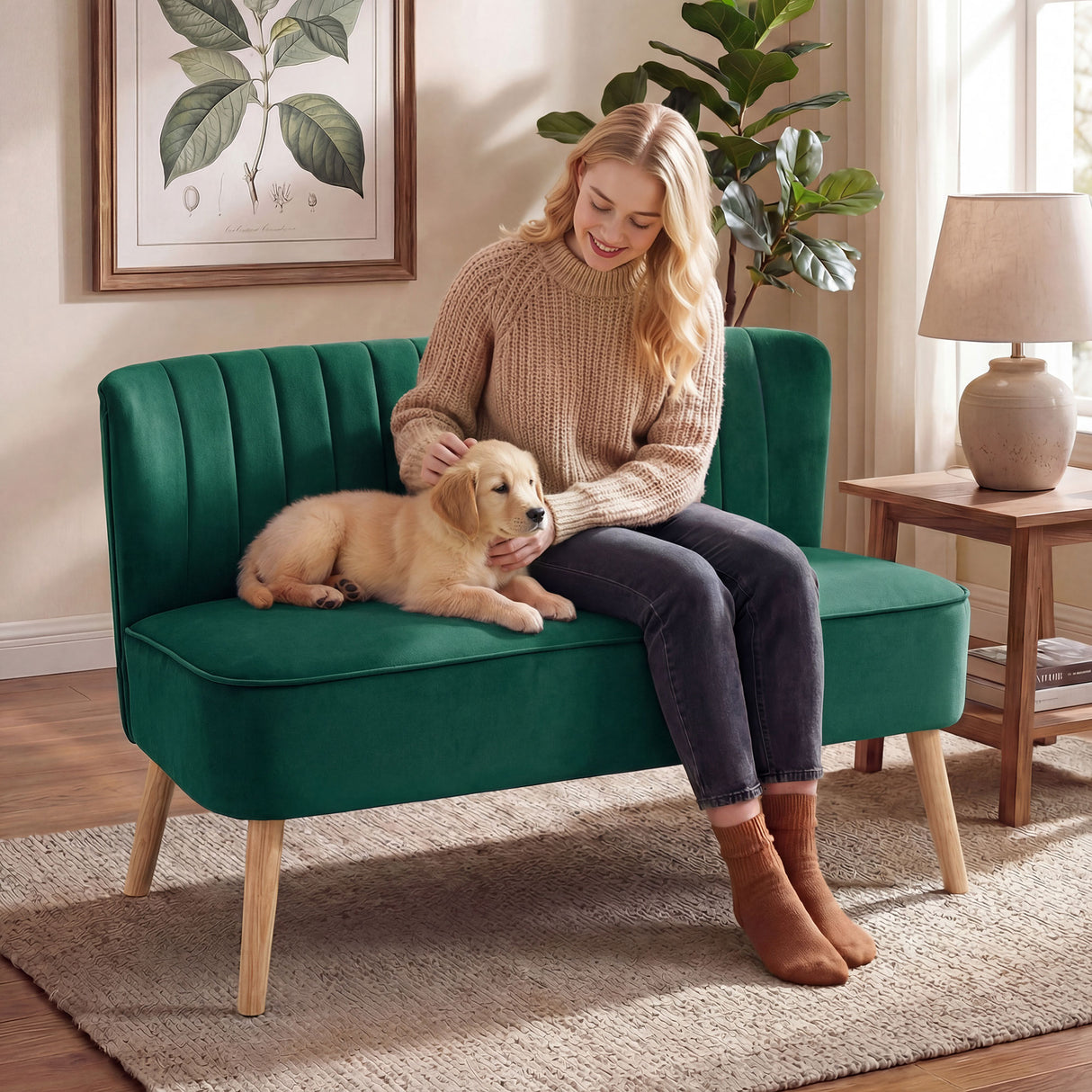 Velvet 2 Seater Sofa 117cm Wide With Wooden Legs - Velmora