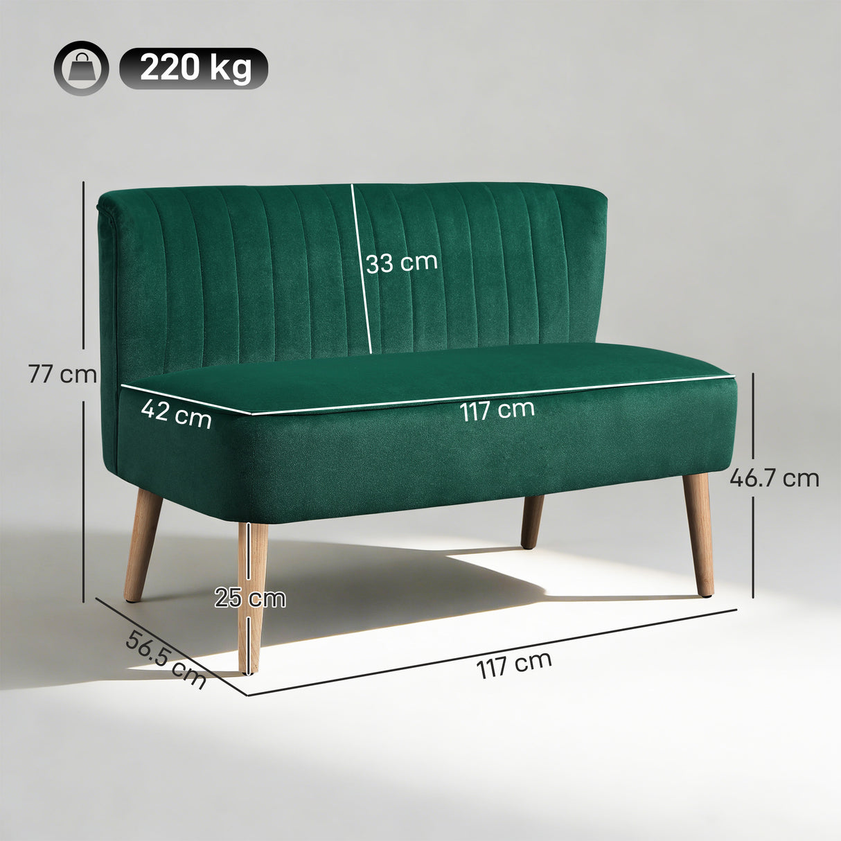 Velvet 2 Seater Sofa 117cm Wide With Wooden Legs - Velmora
