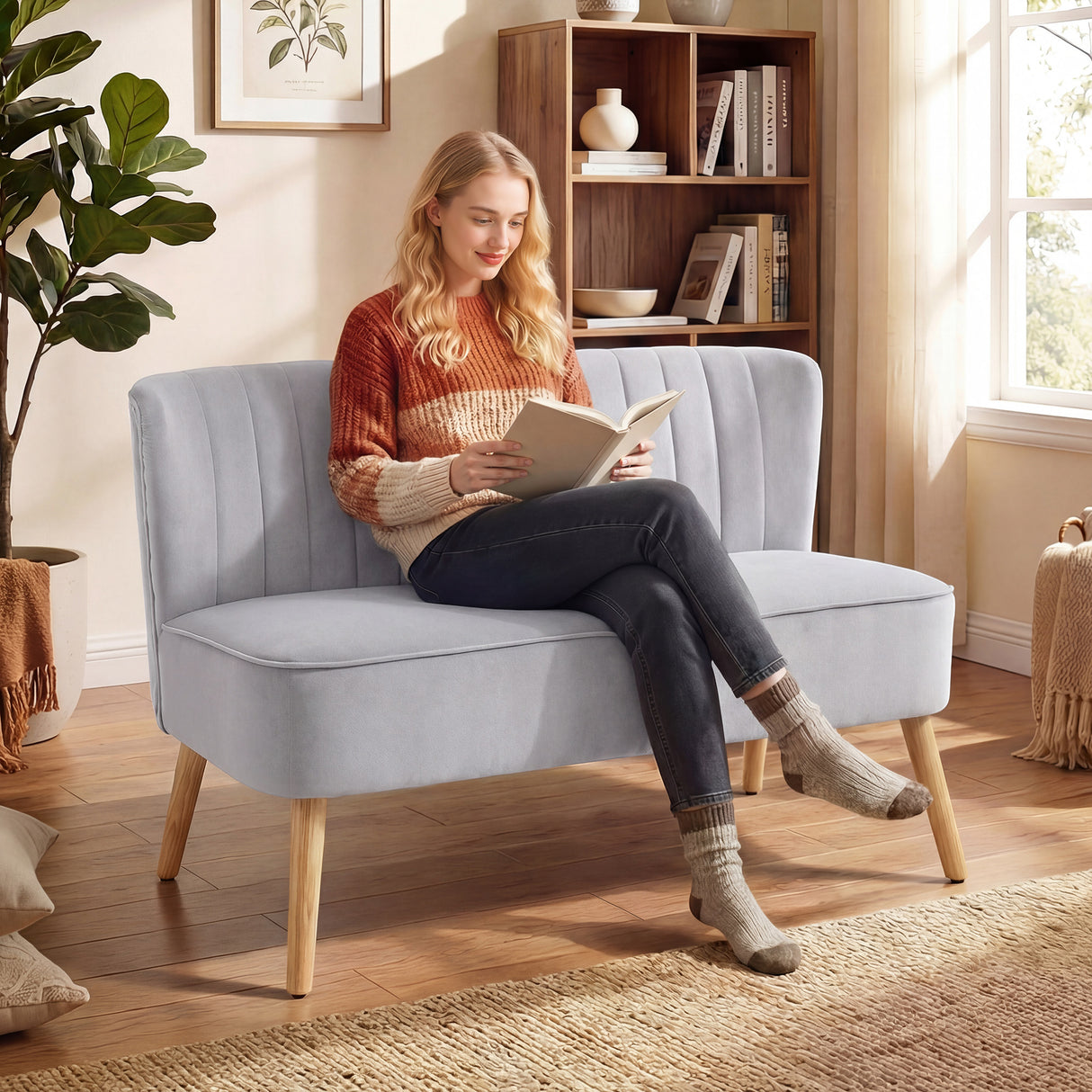 Velvet 2 Seater Sofa 117cm Wide With Wooden Legs - Velmora