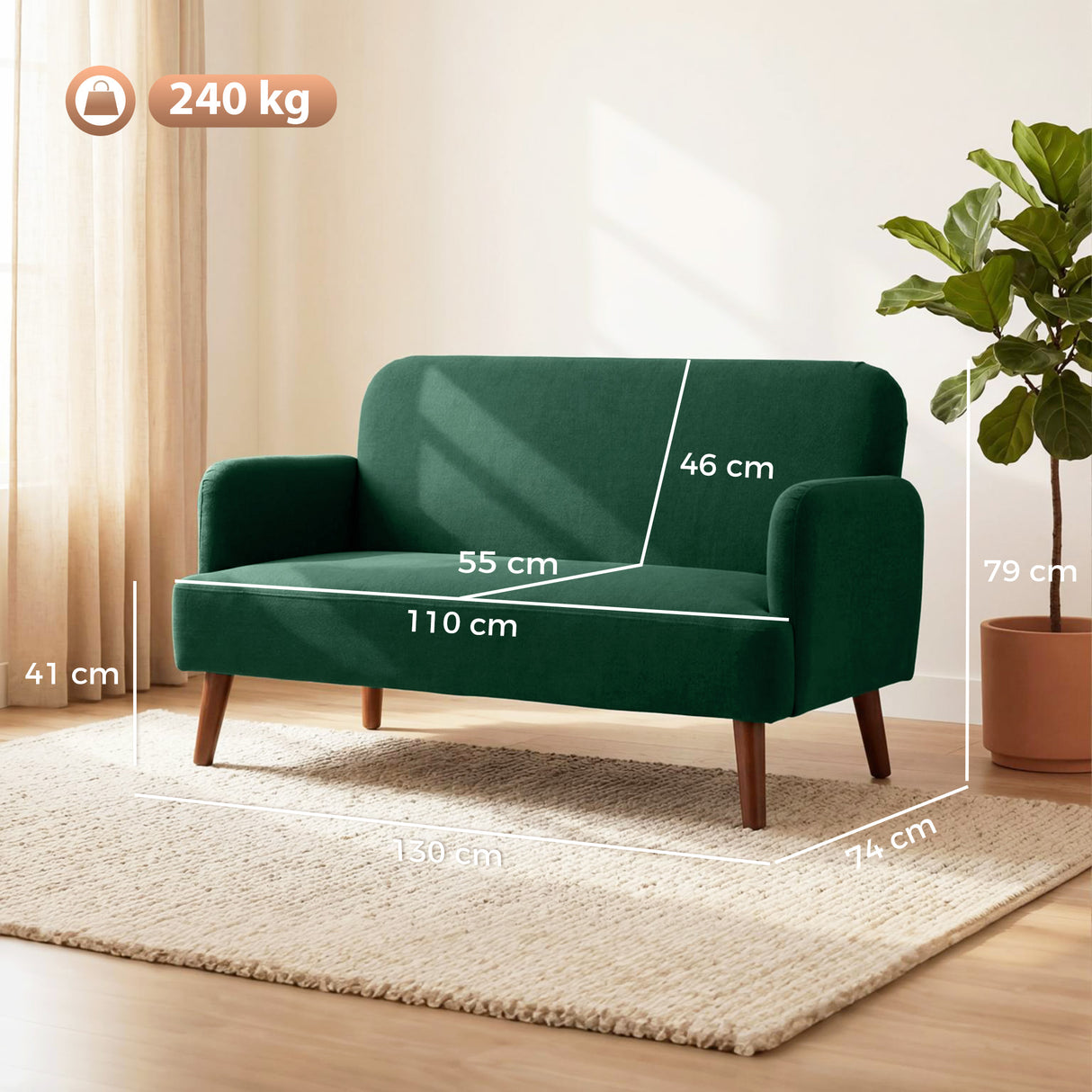 Velvet 2 Seater Sofa 130cm Wide With Wooden Legs - Velmora