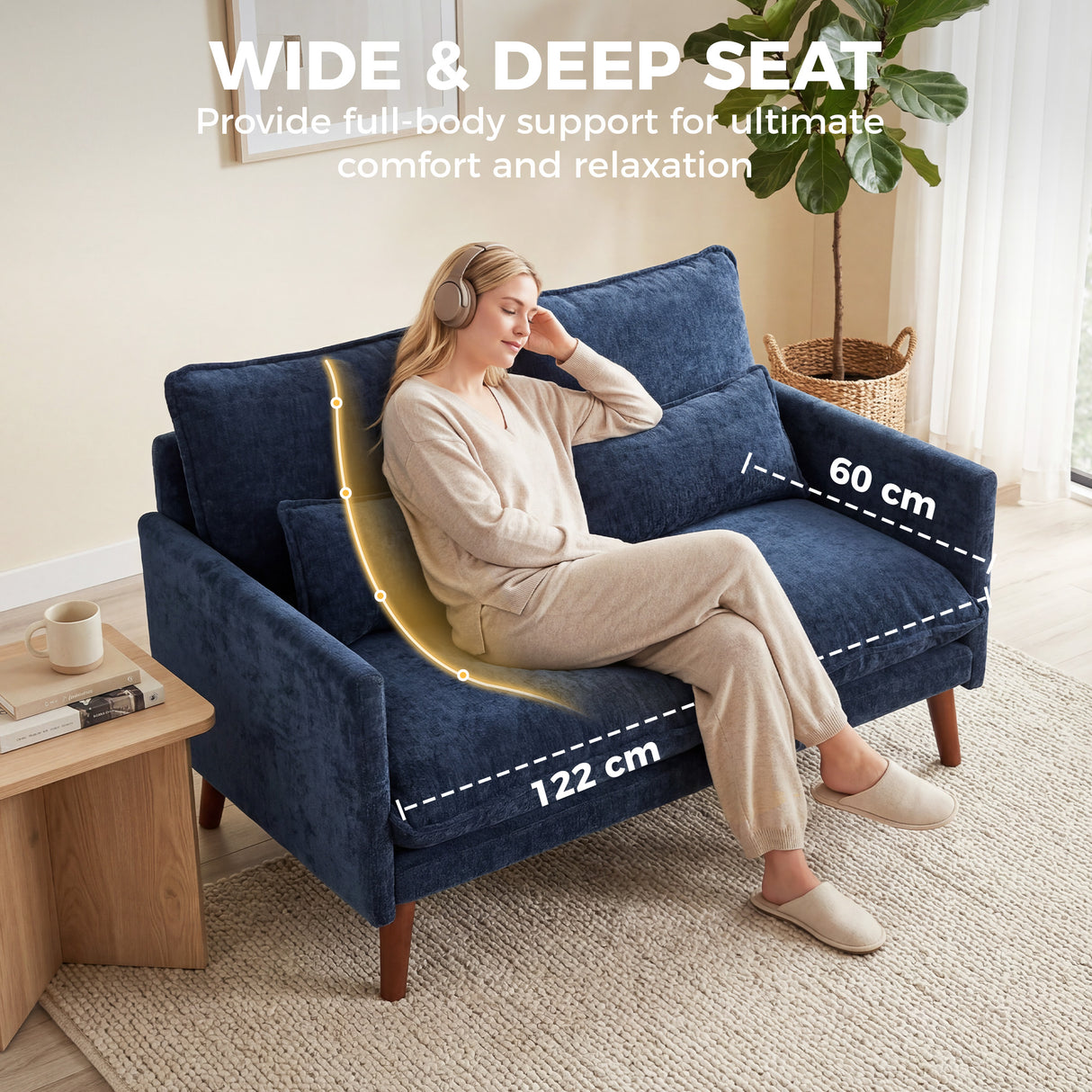 Velvet 2 Seater Sofa 131cm Wide With Wooden Legs - Velmora