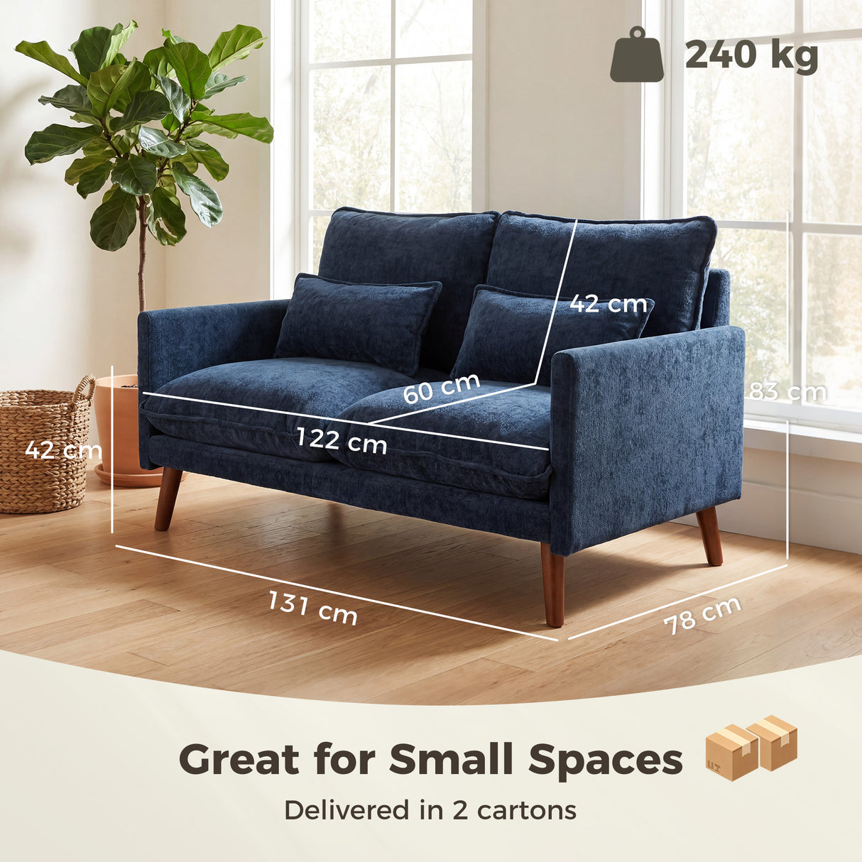 Velvet 2 Seater Sofa 131cm Wide With Wooden Legs - Velmora