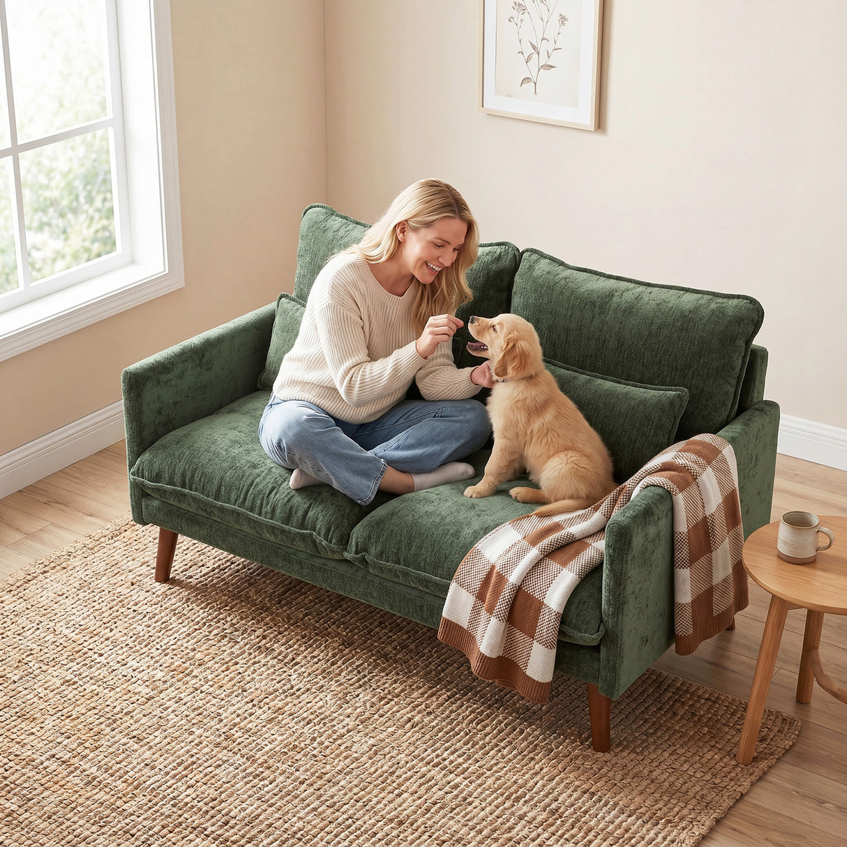 Velvet 2 Seater Sofa 131cm Wide With Wooden Legs - Velmora