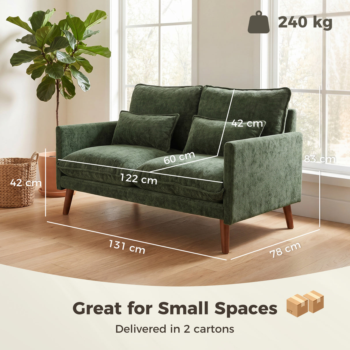 Velvet 2 Seater Sofa 131cm Wide With Wooden Legs - Velmora