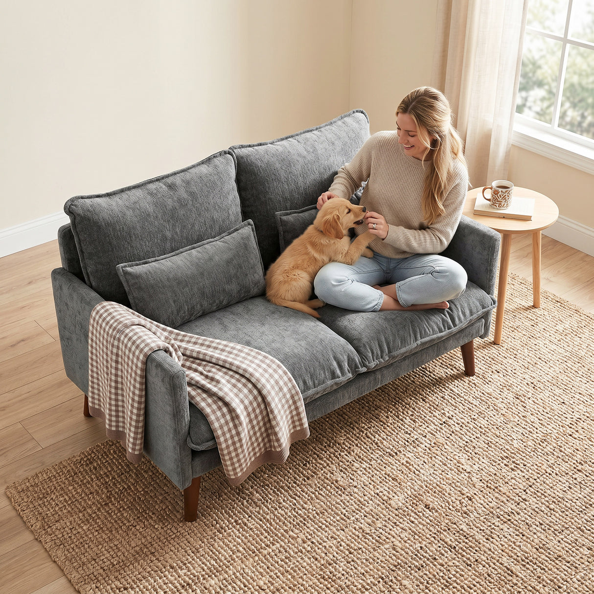Velvet 2 Seater Sofa 131cm Wide With Wooden Legs - Velmora
