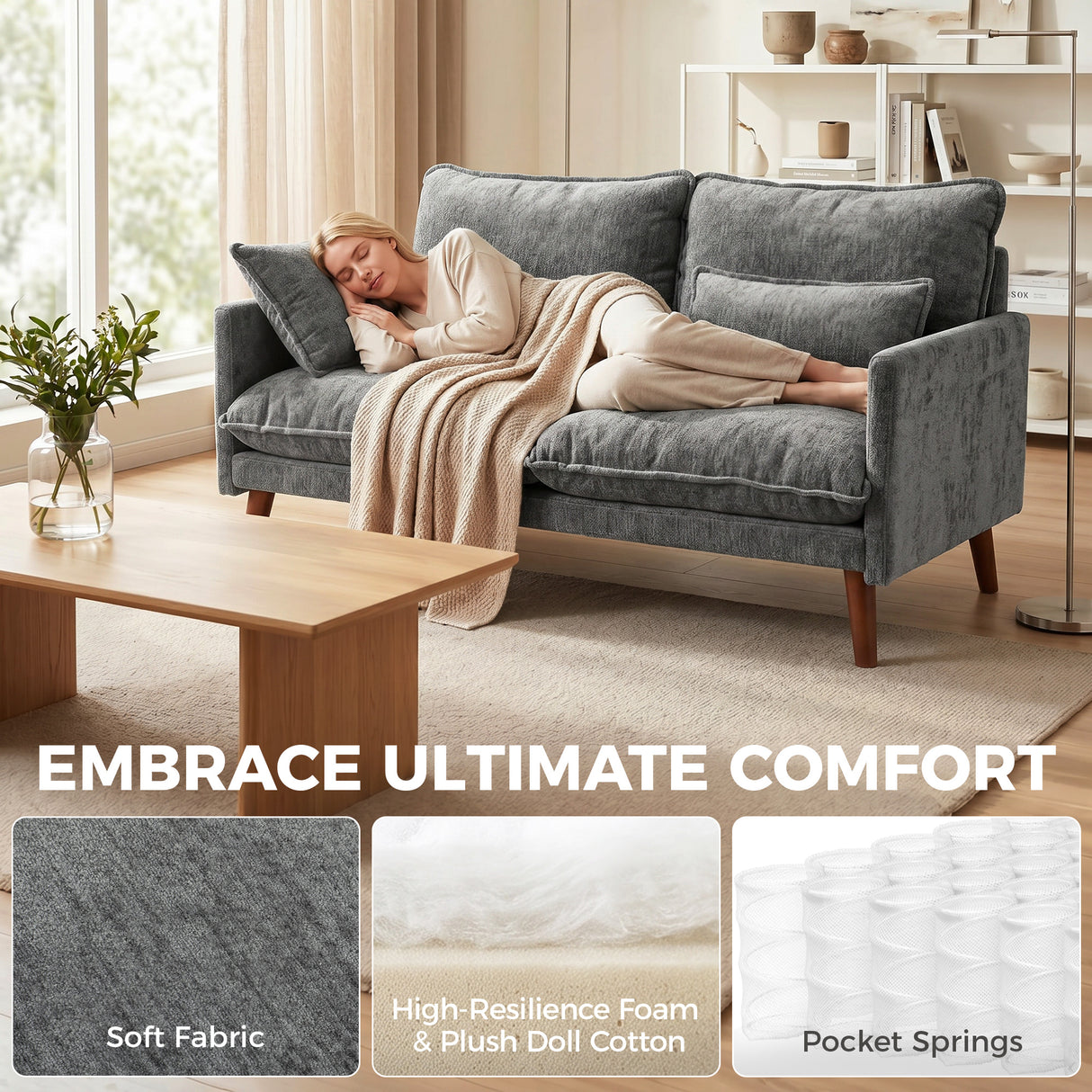 Velvet 2 Seater Sofa 131cm Wide With Wooden Legs - Velmora
