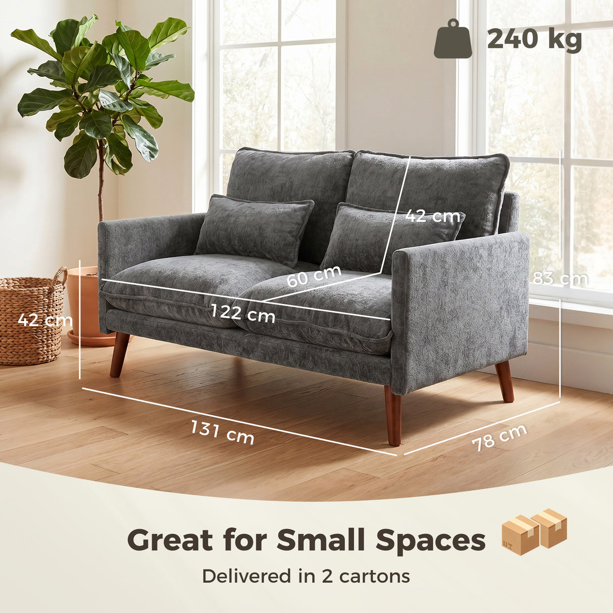 Velvet 2 Seater Sofa 131cm Wide With Wooden Legs - Velmora