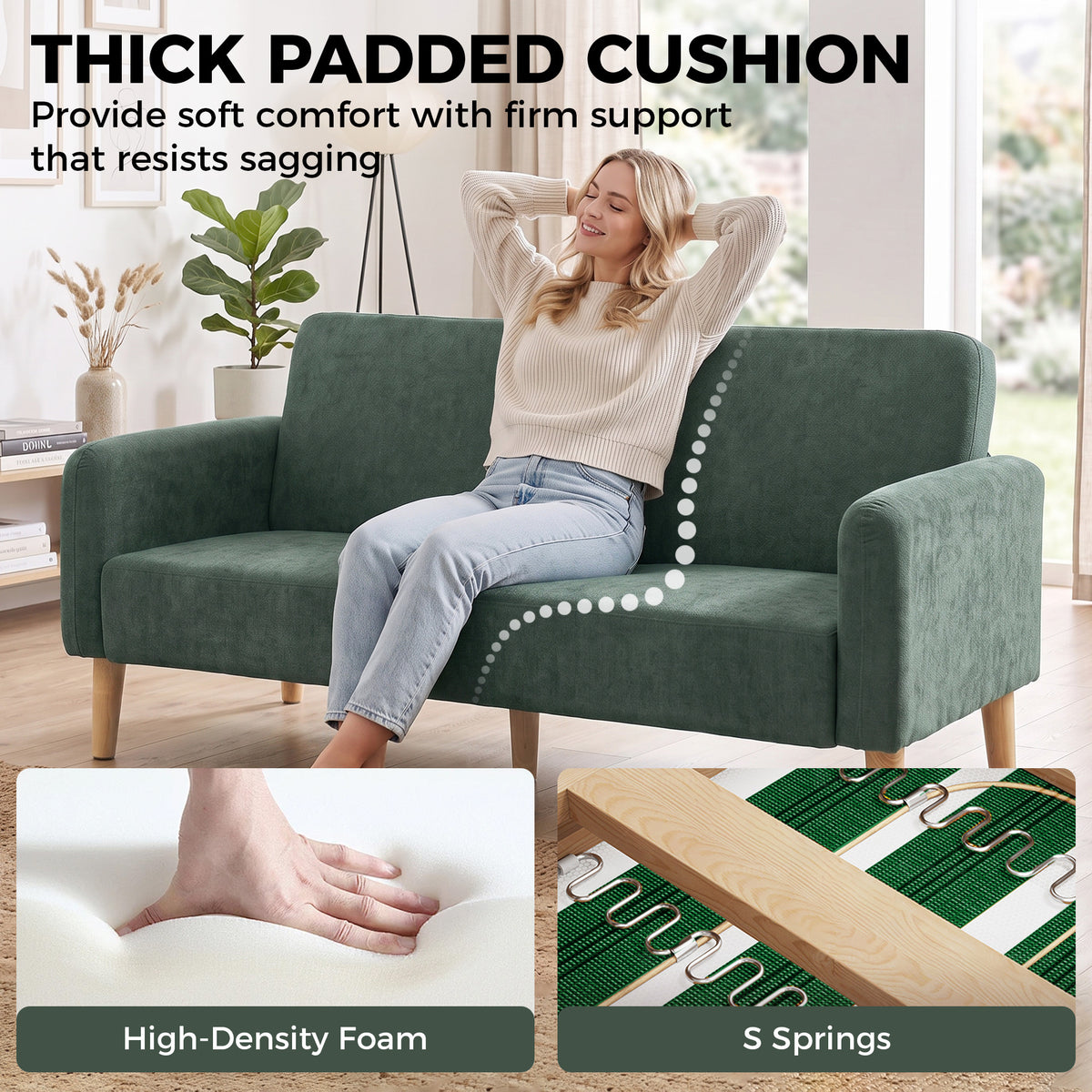 Velvet 2 Seater Sofa 160cm Wide With Wooden Legs - Velmora