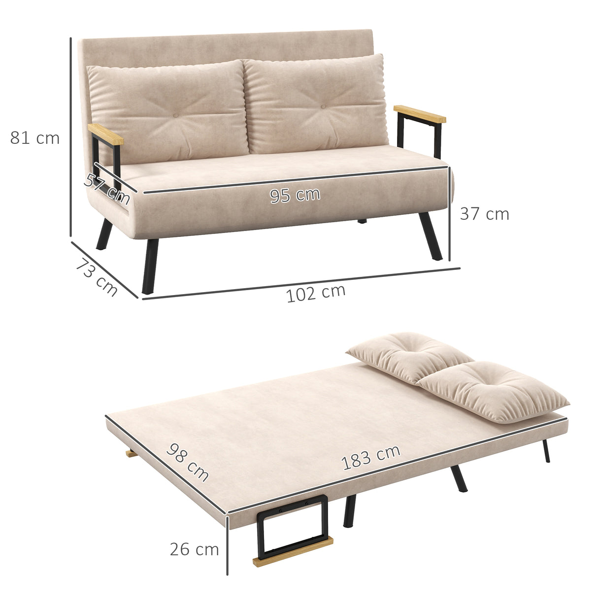 Velvet 2 Seater Sofa Bed 102cm Wide With 2 Pillows - Velmora
