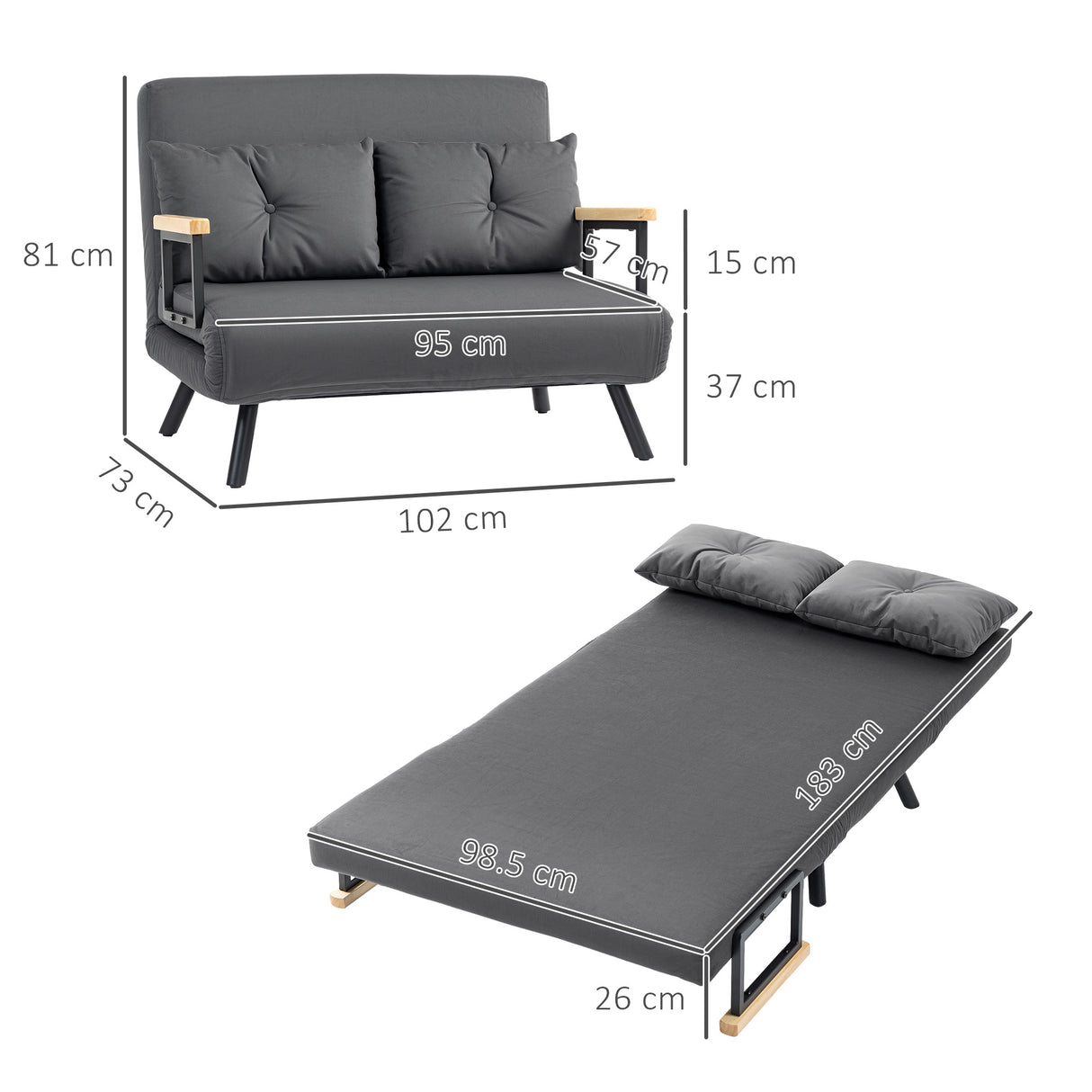 Velvet 2 Seater Sofa Bed 102cm Wide With 2 Pillows - Velmora